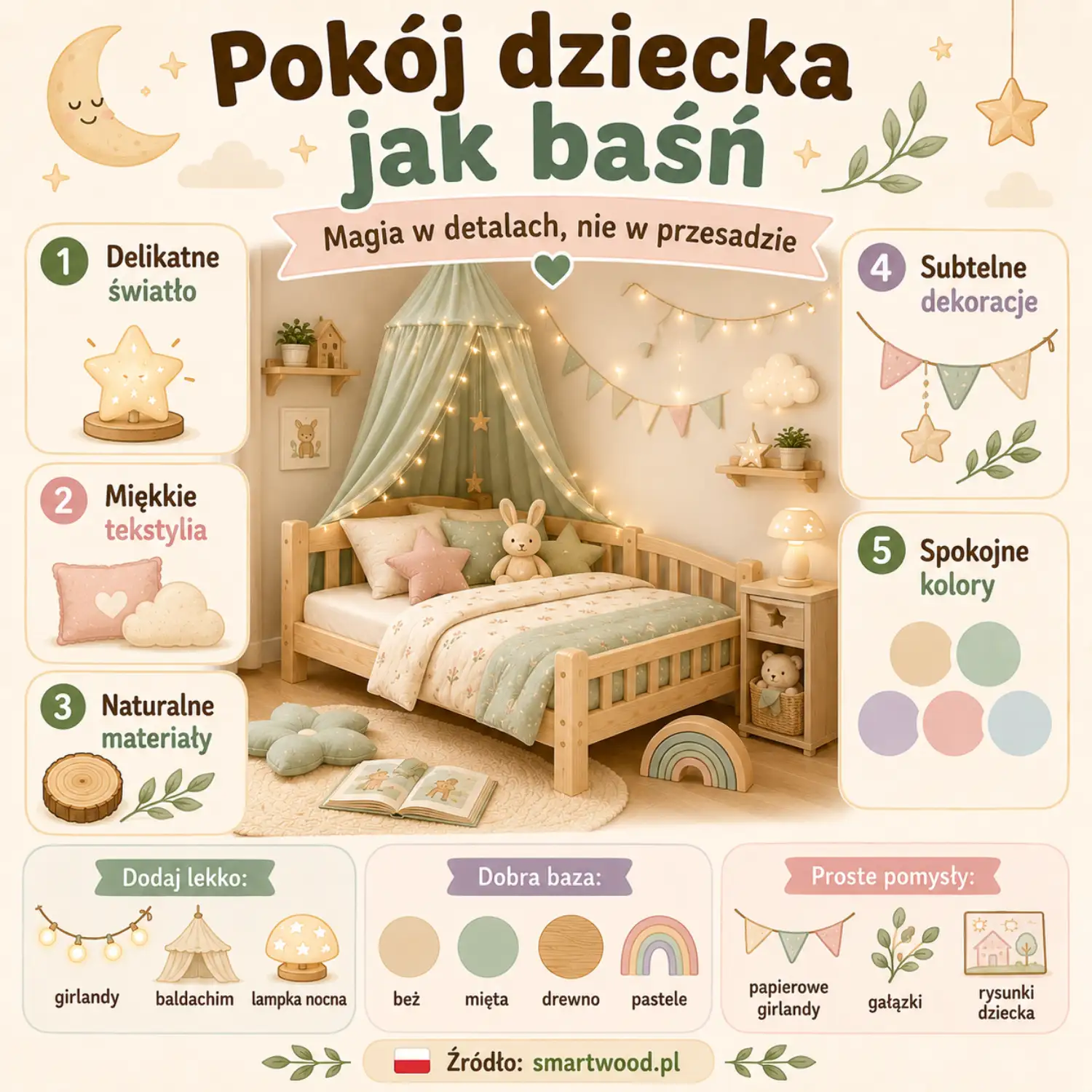 Infografik: Kinderzimmer wie im Märchen - sanfte Farben, warmes Licht, weiche Textilien, natürliche Materialien und liebevolle Details.