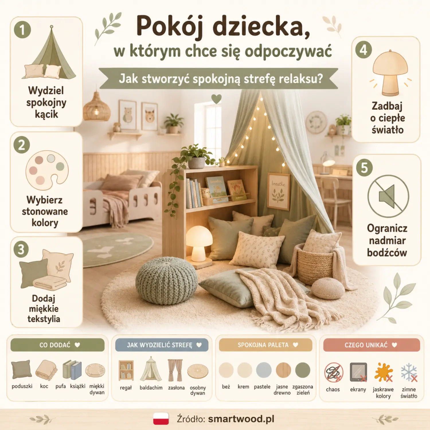 Infografika: pokój dziecka ze strefą relaksu — baldachim, poduszki, pufa, ciepłe światło i stonowane kolory.