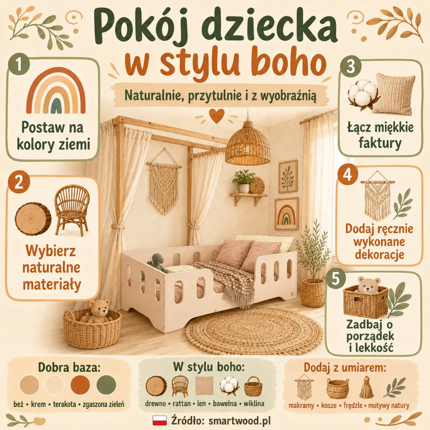 Infografika: pokój dziecka w stylu boho - kolory ziemi, naturalne materiały, miękkie faktury, ręczne dekoracje i porządek.