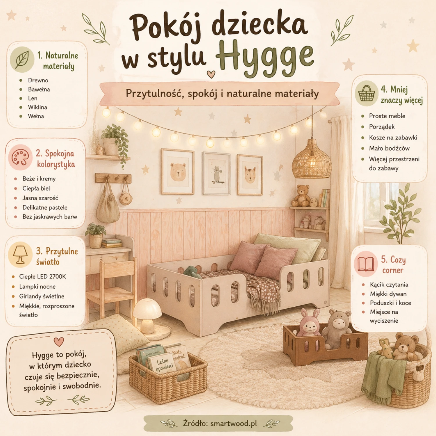 Infografika Smartwood - pokój dziecka w stylu hygge: naturalne materiały, spokojna kolorystyka, ciepłe światło i przytulne kąciki.