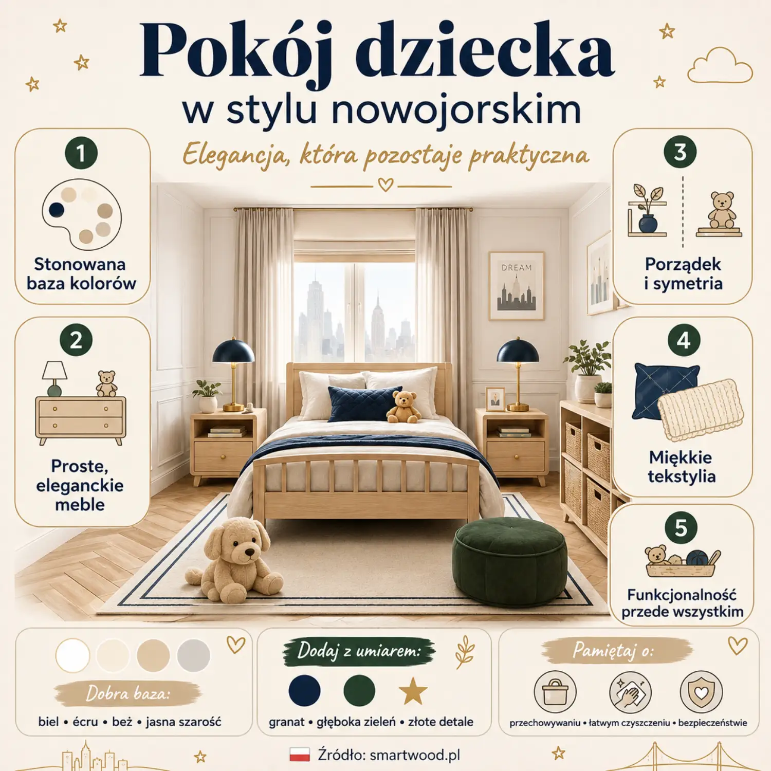 Infografika: pokój dziecka w stylu nowojorskim - stonowana baza kolorów, eleganckie meble, symetria, miękkie tekstylia i funkcjonalność.