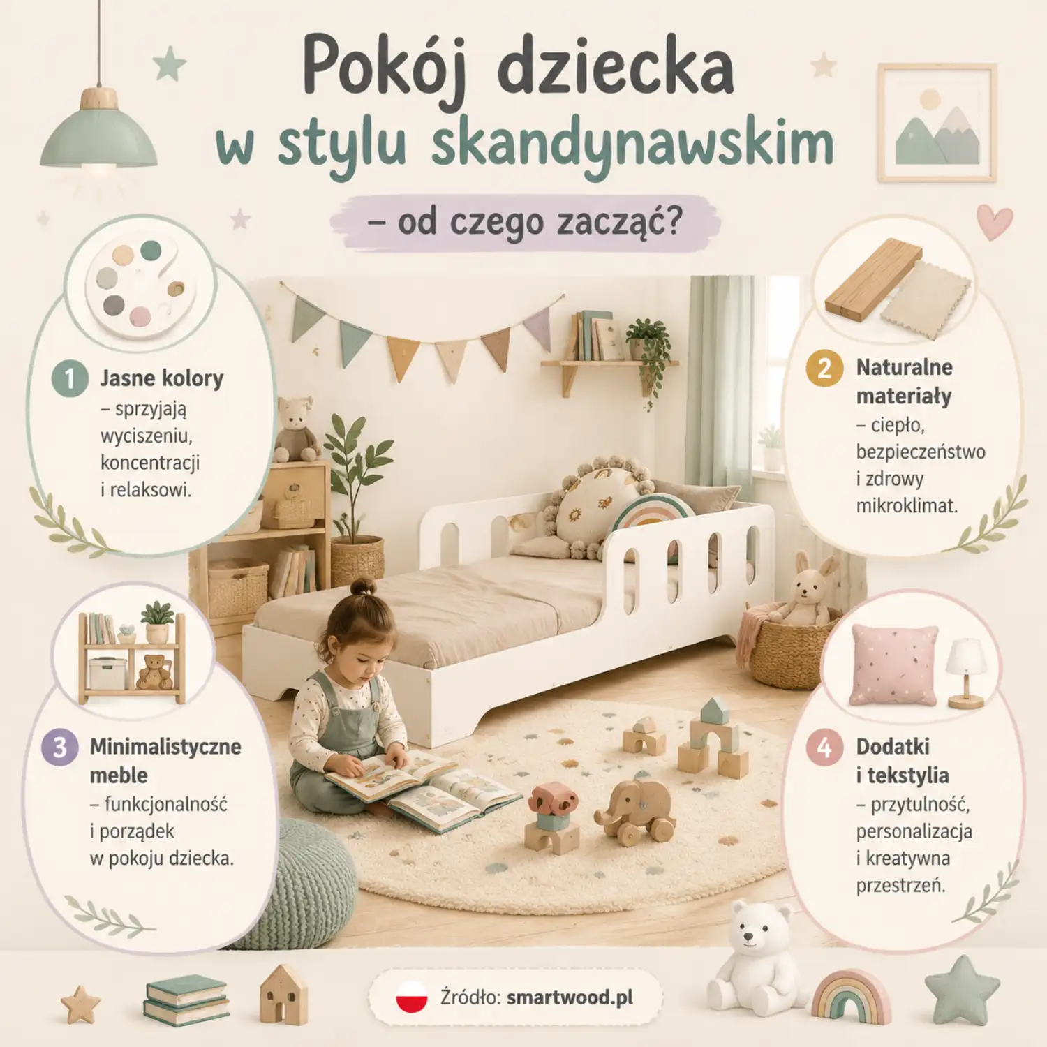 Infografika: od czego zacząć urządzanie pokoju dziecka w stylu skandynawskim - jasne barwy, drewno, minimalizm i przytulne dodatki. smartwood.pl