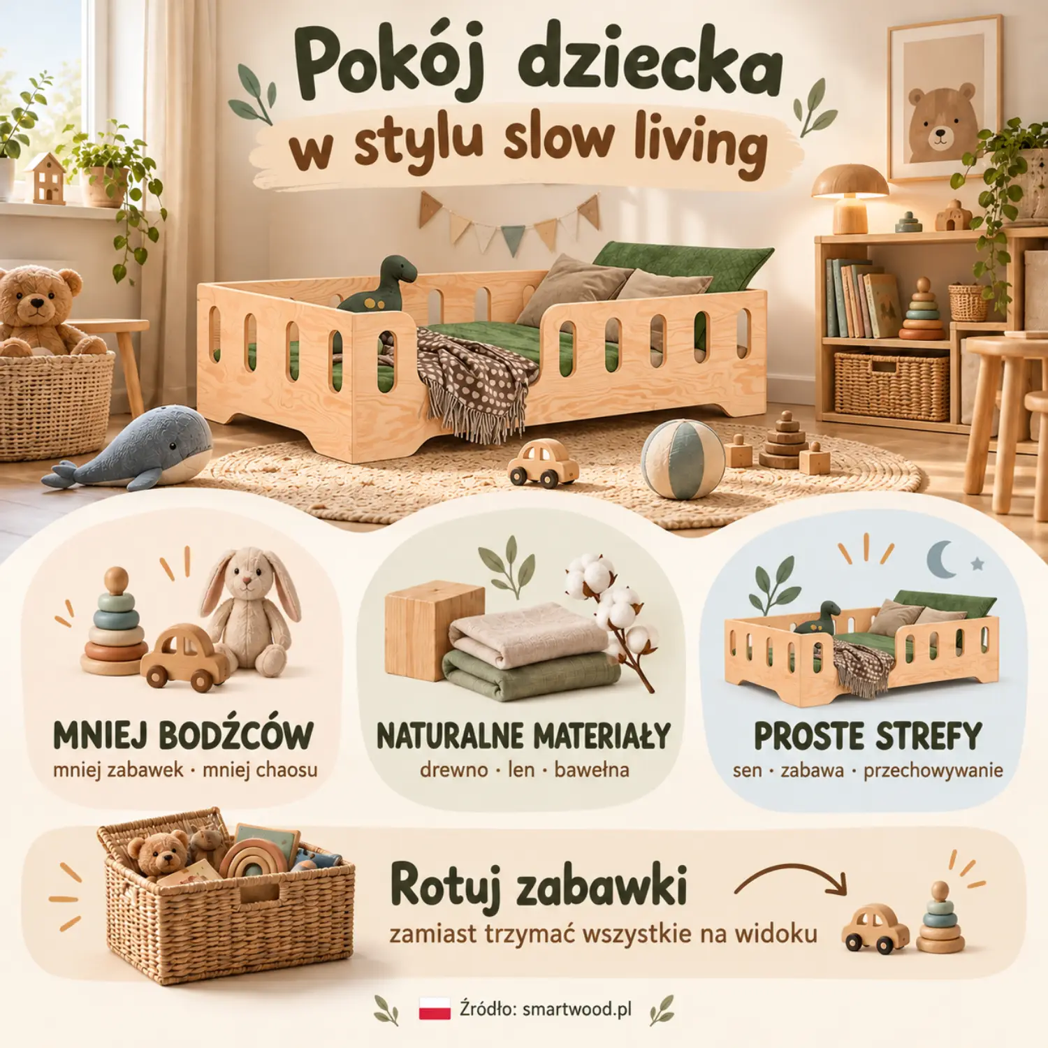 Infografika: pokój dziecka w stylu slow living - mniej bodźców, naturalne materiały, proste strefy i rotacja zabawek zamiast trzymania wszystkich na widoku.