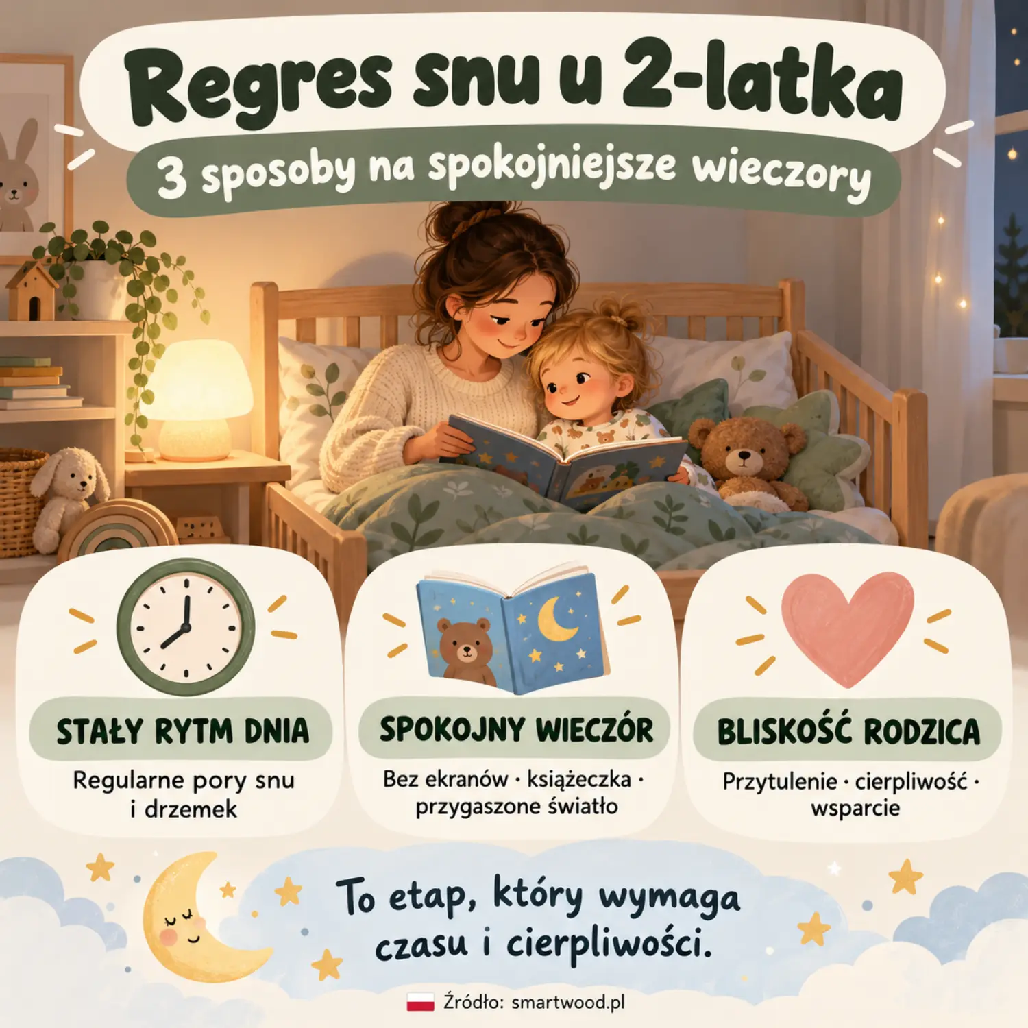 Infografika: regres snu u 2-latka - stały rytm dnia, spokojny wieczór bez ekranów z książeczką i bliskość rodzica.