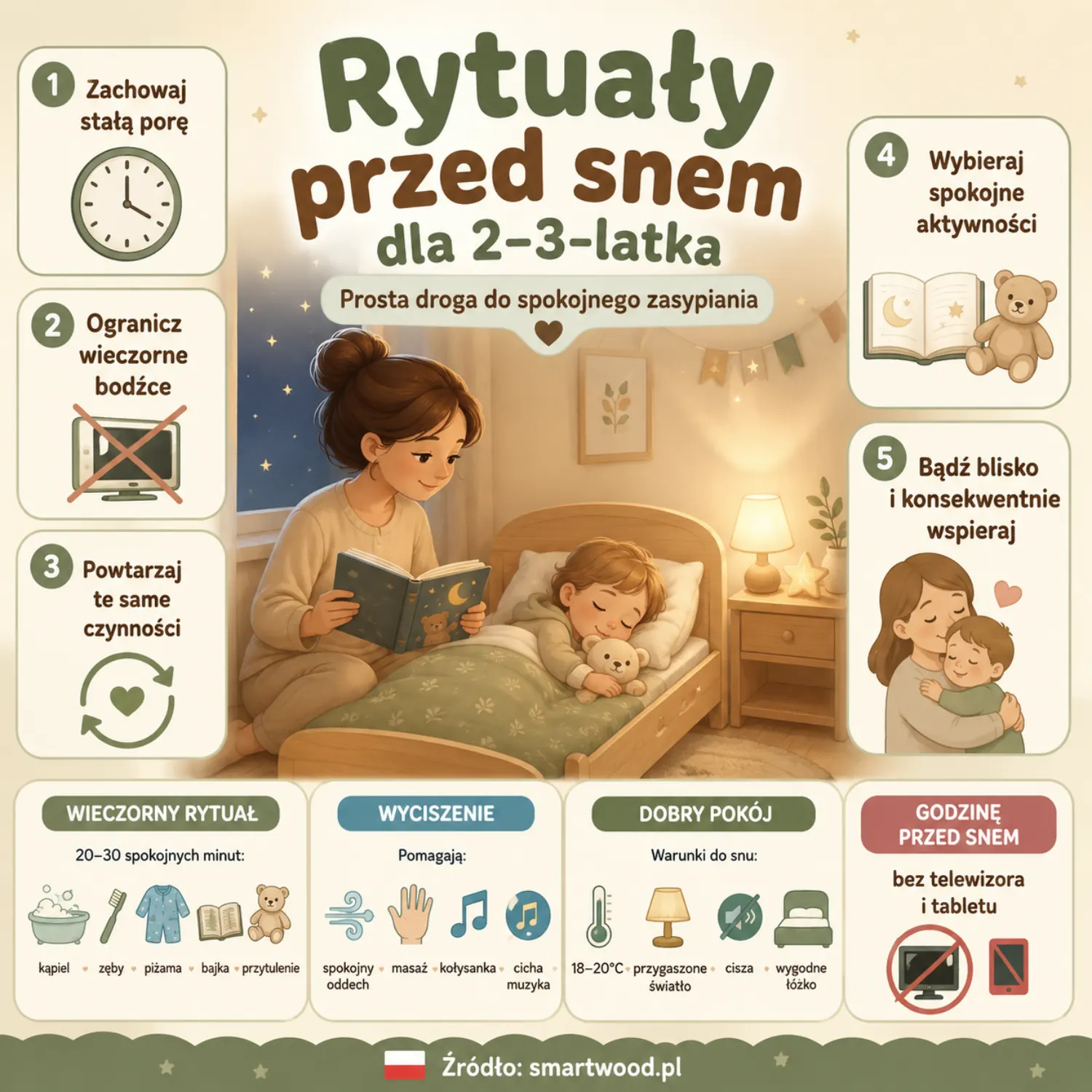 Infografika: rytuały przed snem dla 2–3-latka - stała pora, mniej bodźców, powtarzalność, spokojne aktywności i bliskość rodzica.