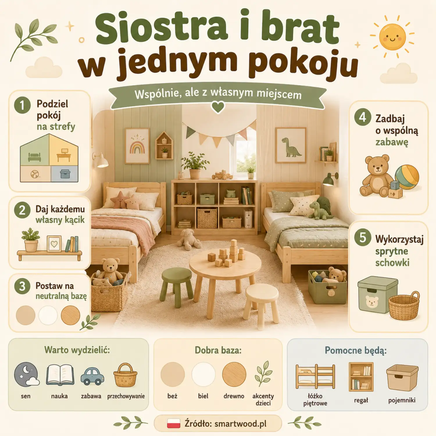 Infografika: siostra i brat w jednym pokoju - podział na strefy, własny kącik dla każdego, neutralna baza i sprytne schowki.