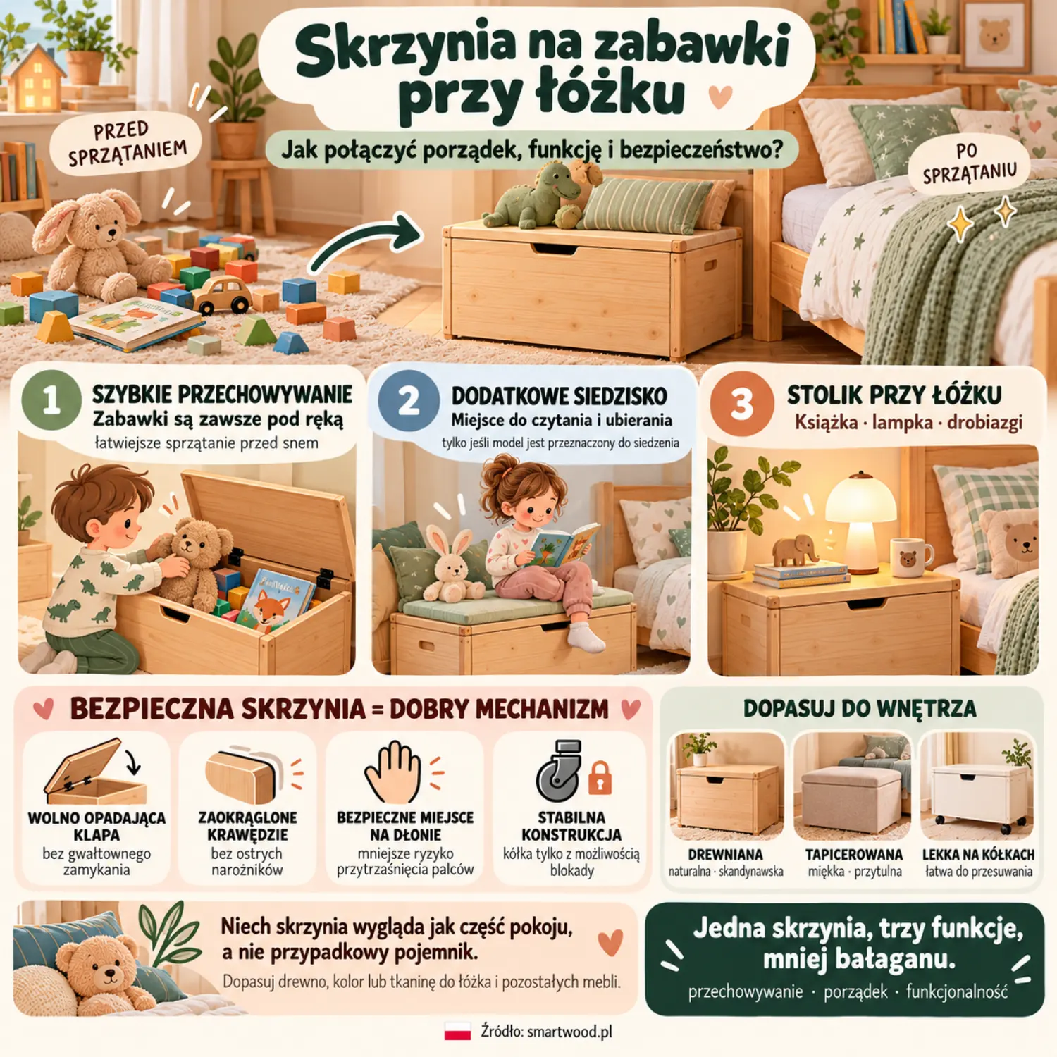 Infografika: skrzynia na zabawki przy łóżku — szybkie przechowywanie, dodatkowe siedzisko, stolik nocny oraz zasady bezpiecznego mechanizmu.