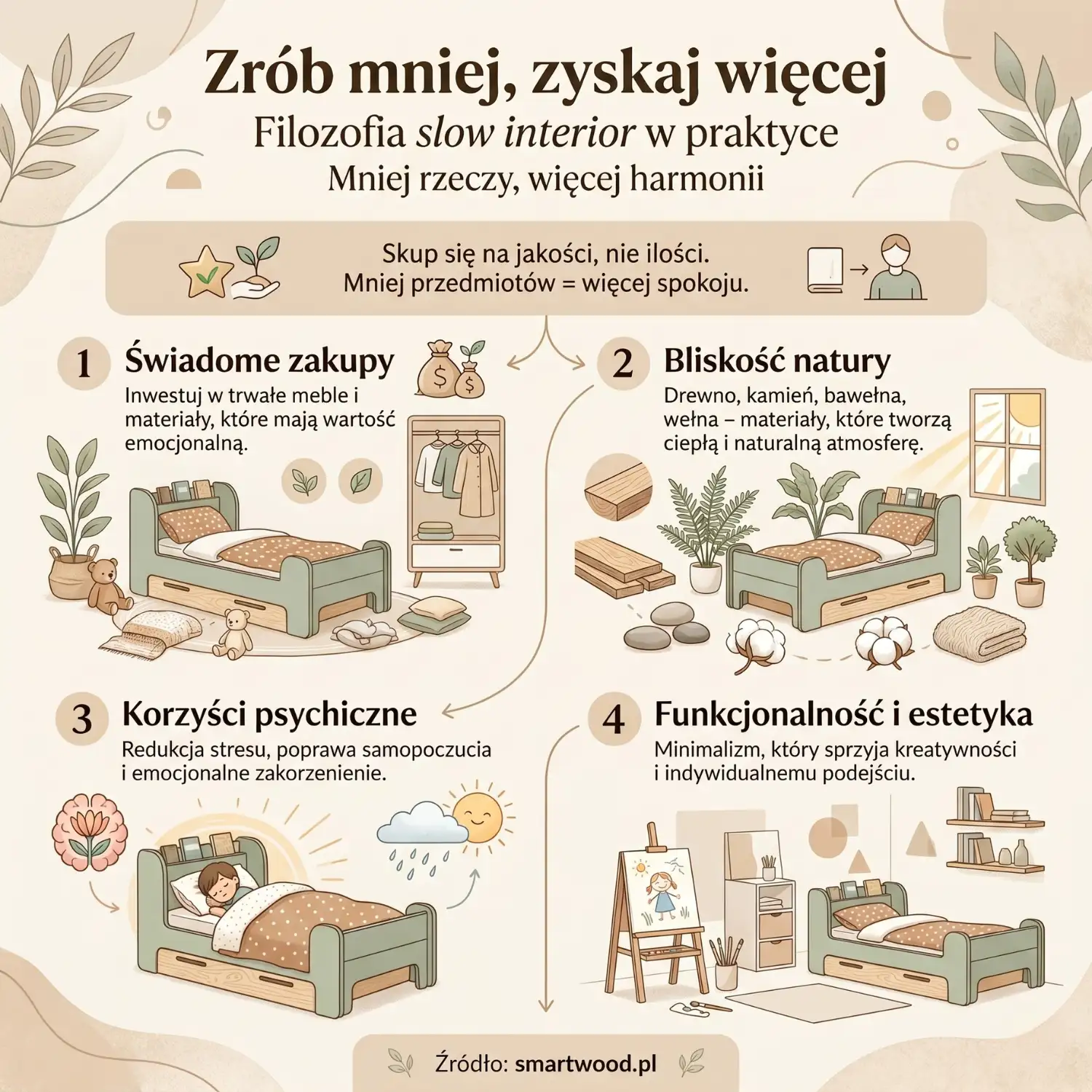 Infografika o filozofii slow interior w pokoju dziecięcym – świadome zakupy, bliskość natury, korzyści psychiczne i minimalizm łączący funkcjonalność z estetyką