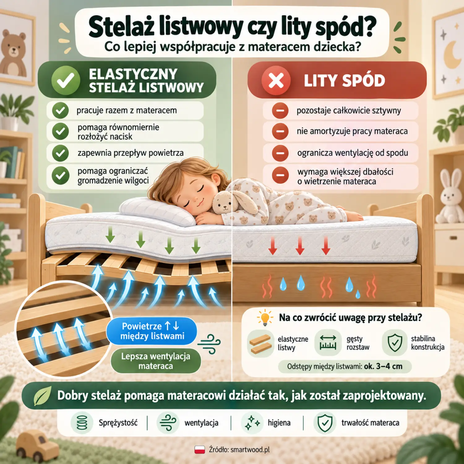 Infografika: stelaż listwowy czy lity spód pod materac dziecka — sprężystość, rozkład nacisku, wentylacja i odstępy między listwami.