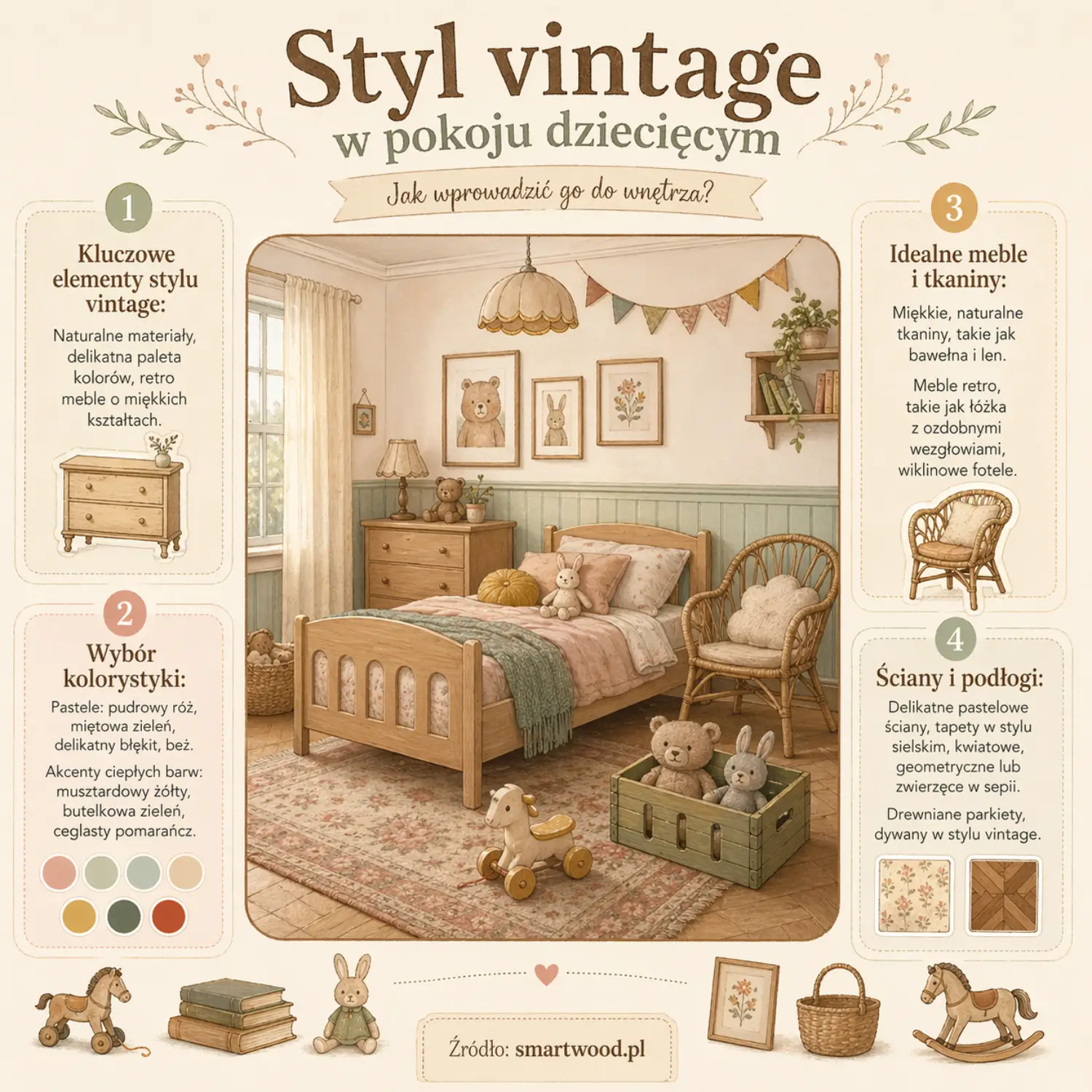 Infografika Smartwood - styl vintage w pokoju dziecięcym: pastelowa paleta kolorów, meble retro, naturalne tkaniny i wiklinowe dodatki.