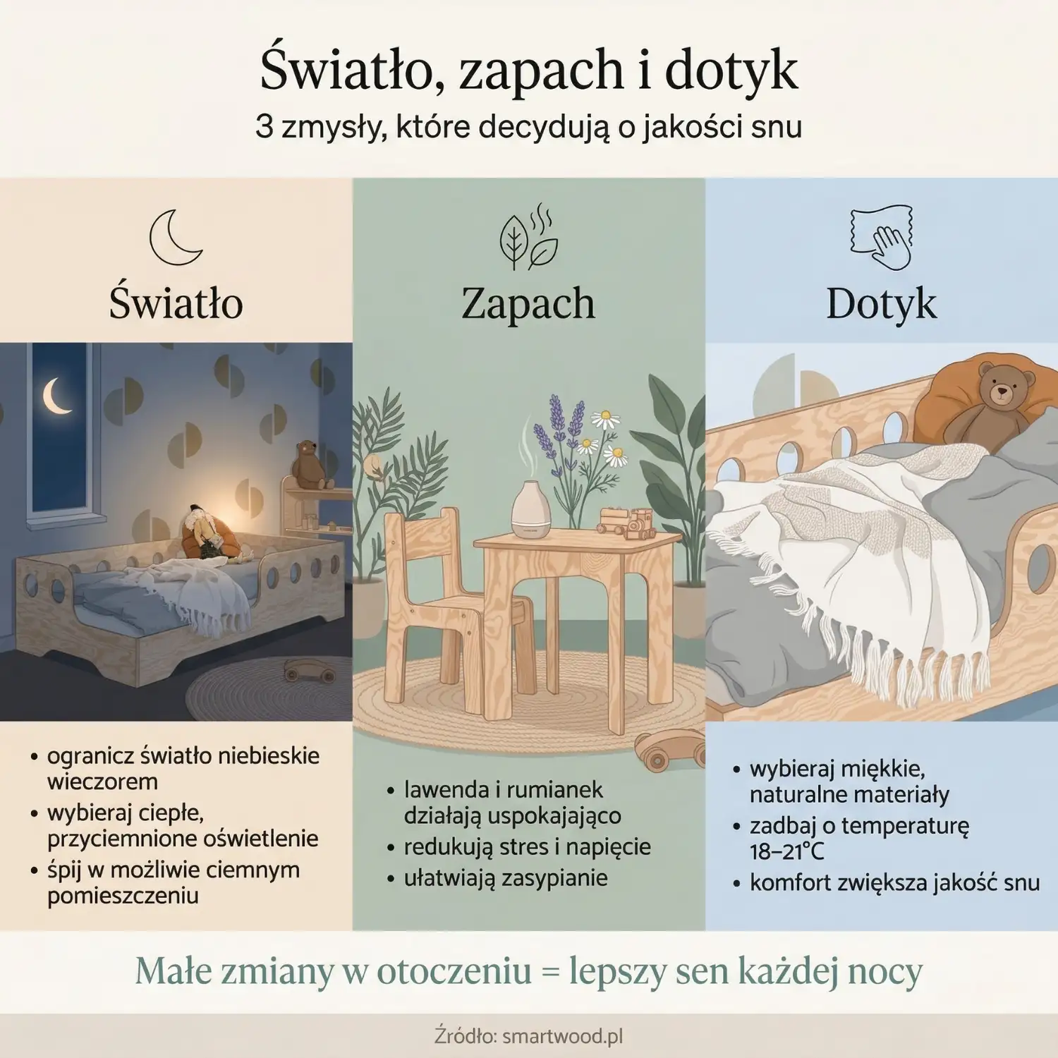 Infografika o trzech zmysłach wpływających na jakość snu dziecka – światło, zapach i dotyk w pokoju dziecięcym z łóżkiem montessori