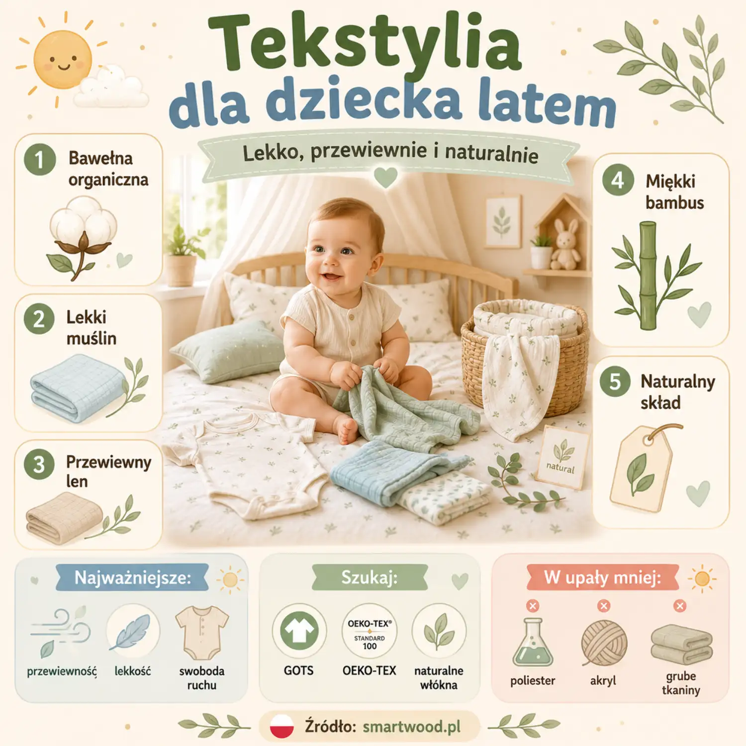 Infografika: tekstylia dla dziecka latem - bawełna organiczna, lekki muślin, przewiewny len, miękki bambus i naturalny skład.