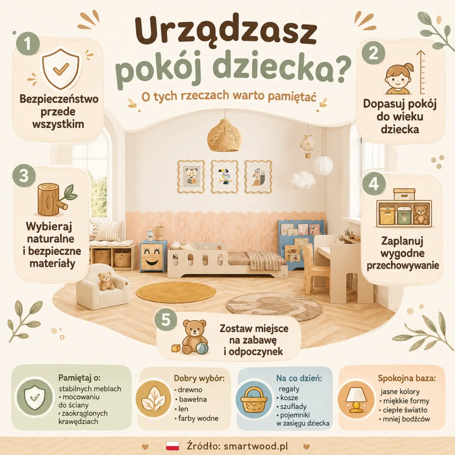 Infografika: urządzanie pokoju dziecka - bezpieczeństwo, dopasowanie do wieku, naturalne materiały i wygodne przechowywanie.