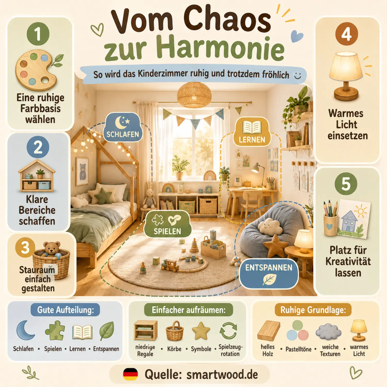Infografik: vom Chaos zur Harmonie — ruhige Farbbasis, klare Bereiche, einfacher Stauraum, warmes Licht und Platz für Kreativität.