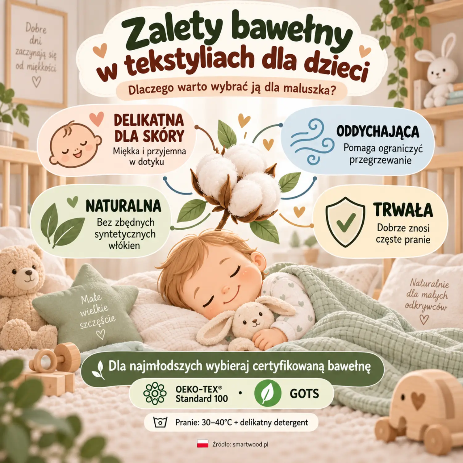 Infografika: zalety bawełny w tekstyliach dla dzieci — delikatna dla skóry, oddychająca, naturalna i trwała w praniu.