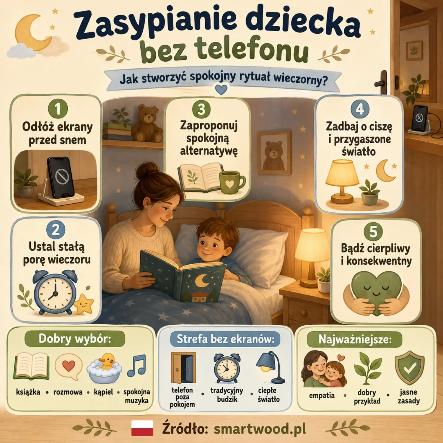Infografika: zasypianie dziecka bez telefonu - odłóż ekrany, stała pora, spokojna alternatywa, cisza i przygaszone światło.