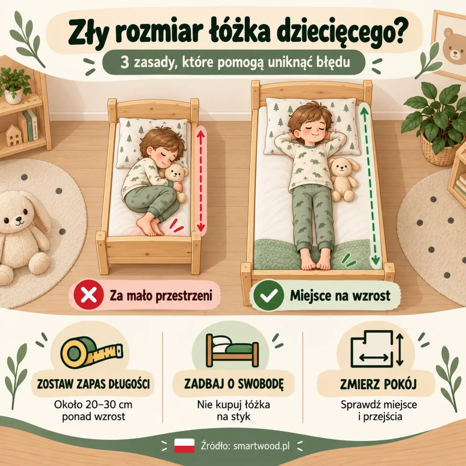 Drewniane łóżko FLOU w naturalnym kolorze z półką na książki w zagłówku, pościel w kropki, za łóżkiem szara ściana z neonem w pokoju starszego dziecka.