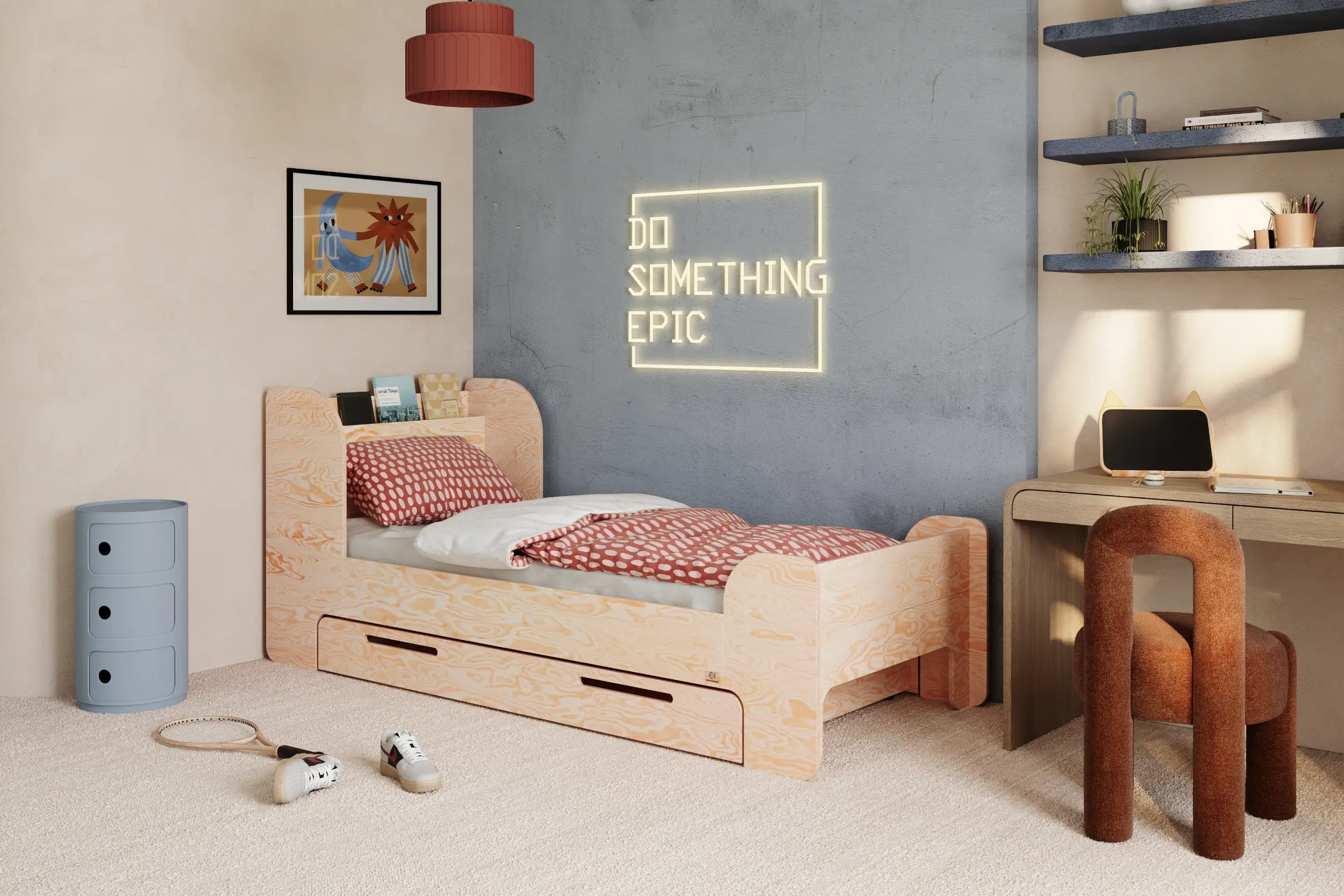 Einzelbett für Kinder und Jugendliche mit Schublade und Lattenrost FLOU D Klassisch Holz