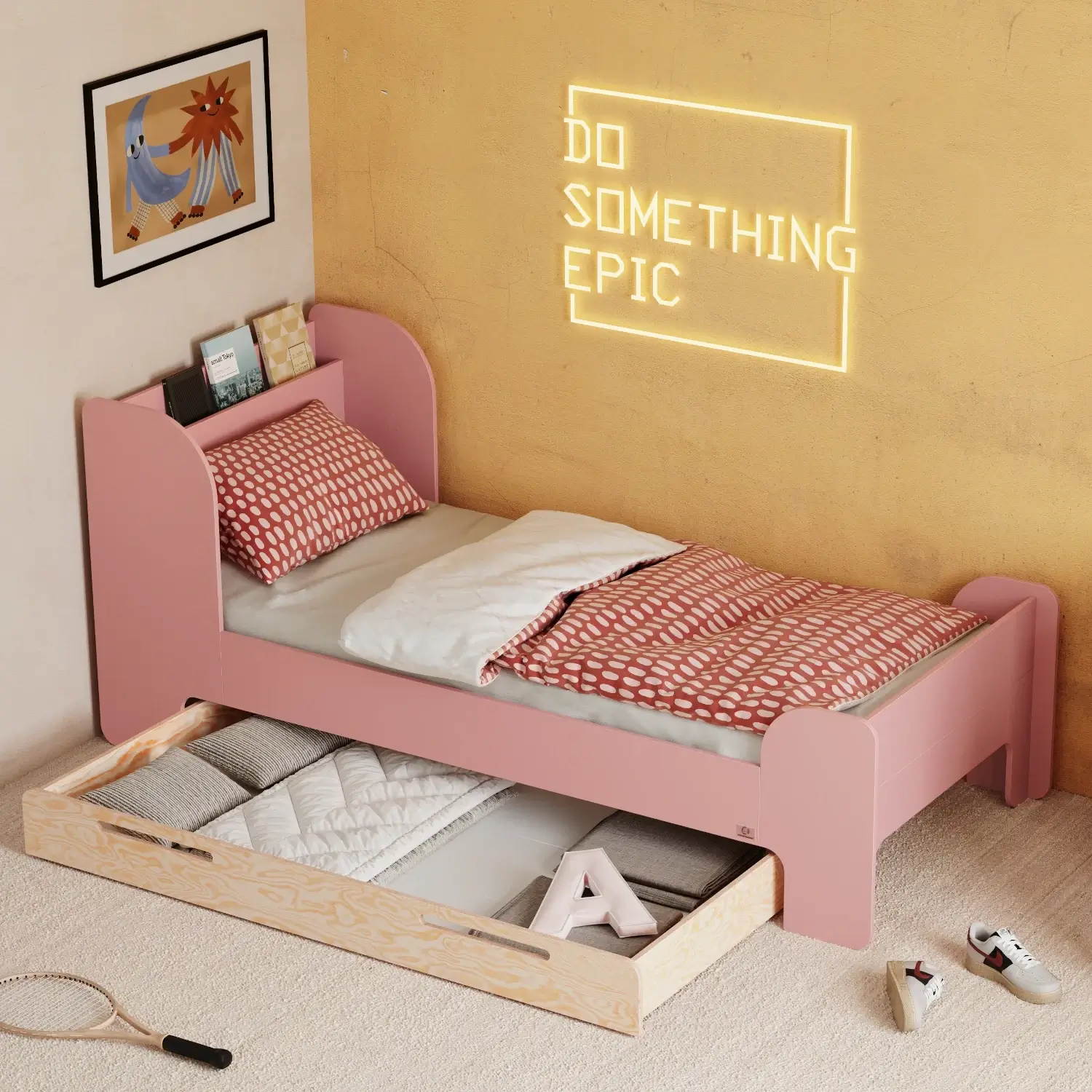 Łóżko dla dzieci i młodzieży z szufladą i stelażem FLOU D Klasyczne Drewniane Różowe