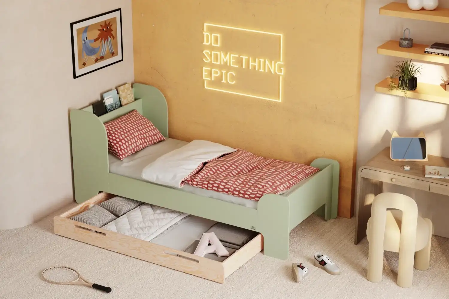 Łóżko dla dzieci i młodzieży z szufladą i stelażem FLOU D Klasyczne Drewniane