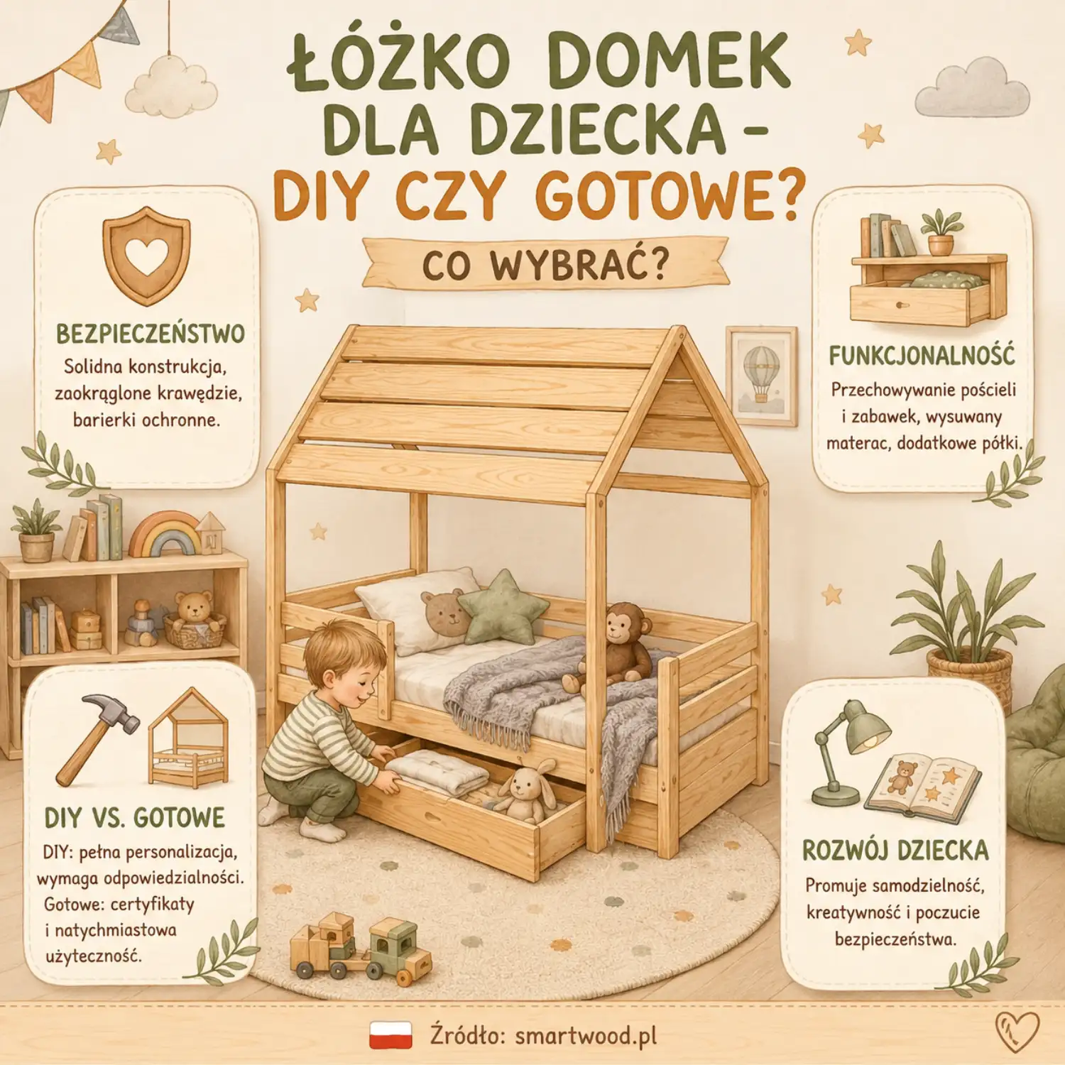 Infografika Smartwood - łóżko domek dla dziecka: DIY czy gotowe? Bezpieczeństwo, funkcjonalność i wpływ na rozwój dziecka.