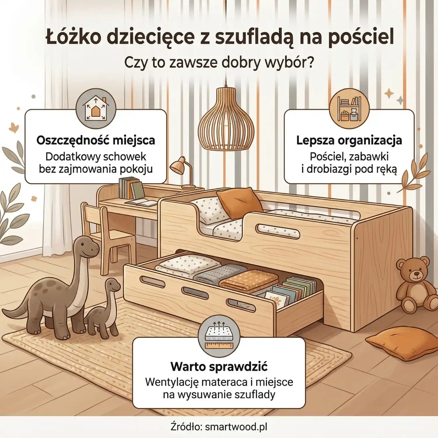Łóżko dziecięce z szufladą na pościel: czy to zawsze dobry wybór? Poznaj zalety jak oszczędność miejsca i lepsza organizacja oraz na co warto zwrócić uwagę. Źródło: smartwood.pl