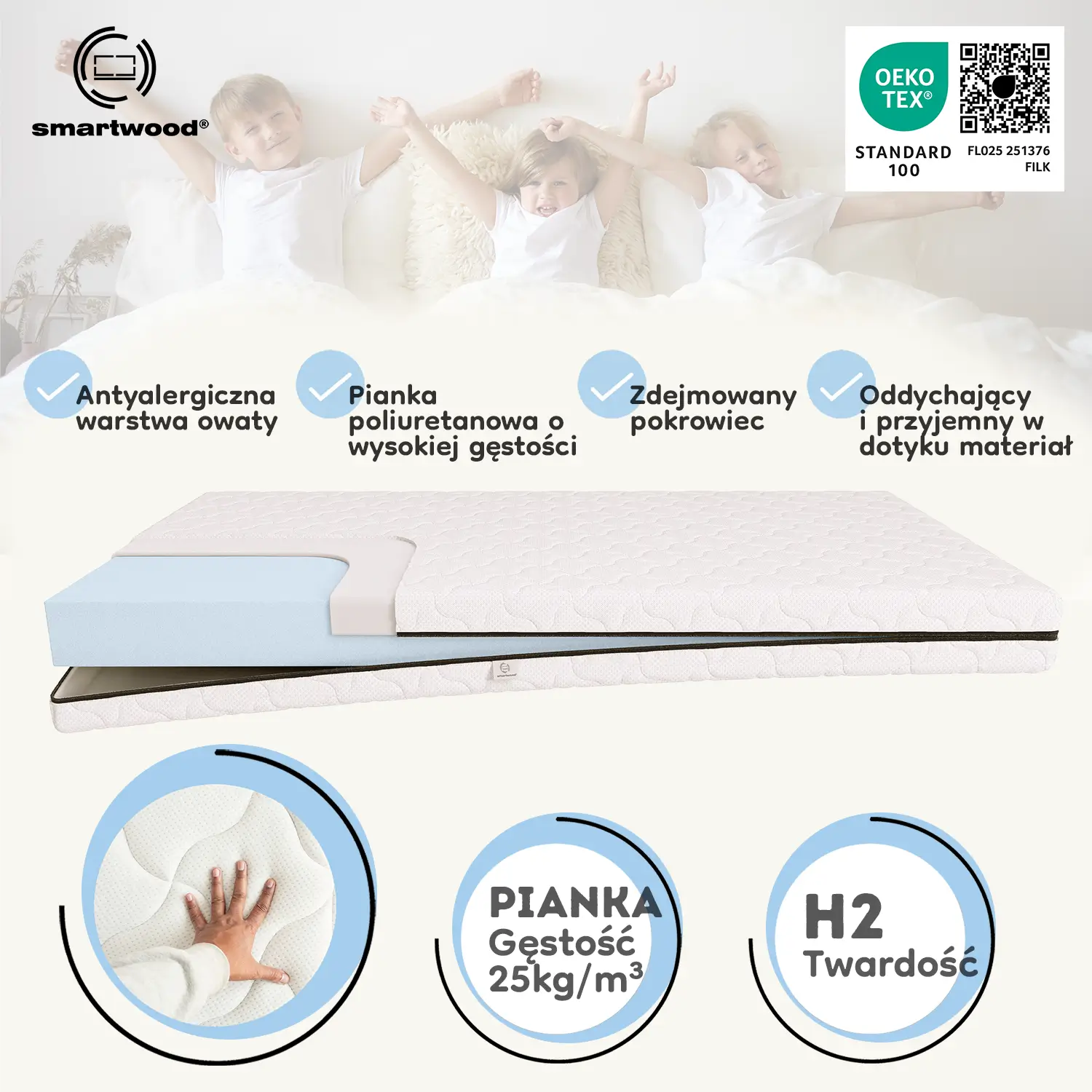 Materac piankowy dla dziecka 12 cm Średnia twardość (H2)