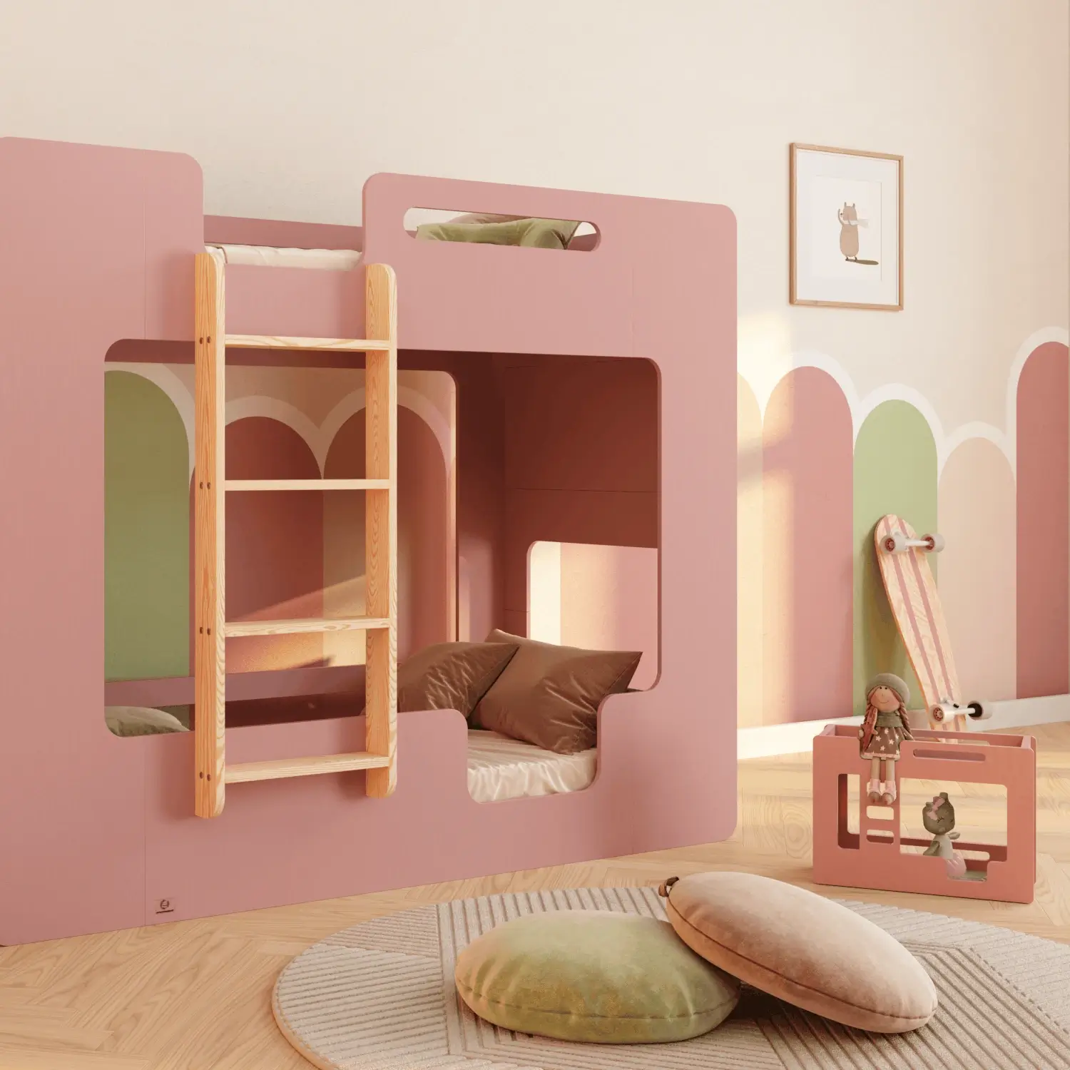 Łóżko piętrowe dla dzieci z barierkami i stelażem MIMI B Montessori Drewniane Różowe
