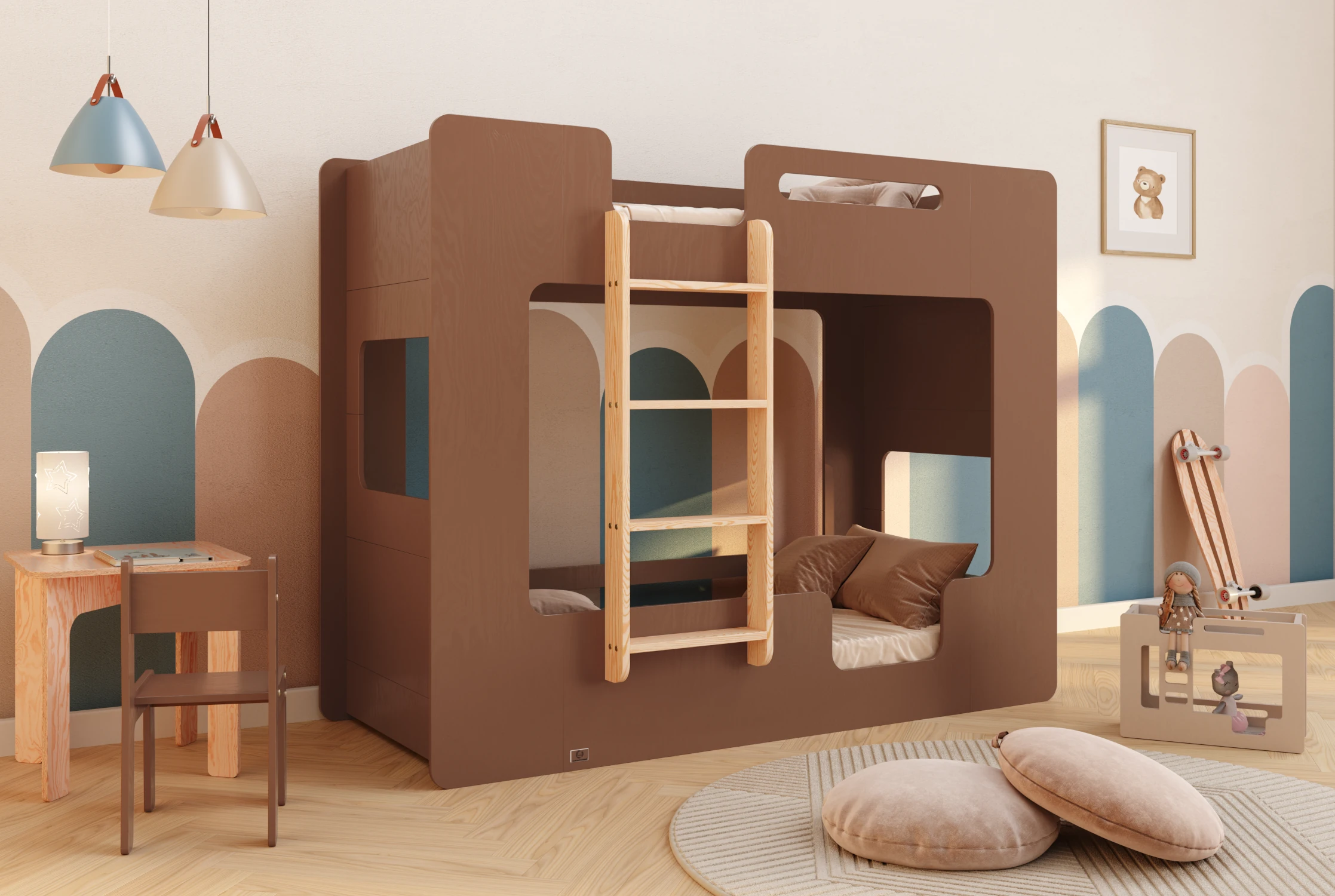 Łóżko piętrowe dla dzieci z barierkami i stelażem MIMI B Montessori Drewniane