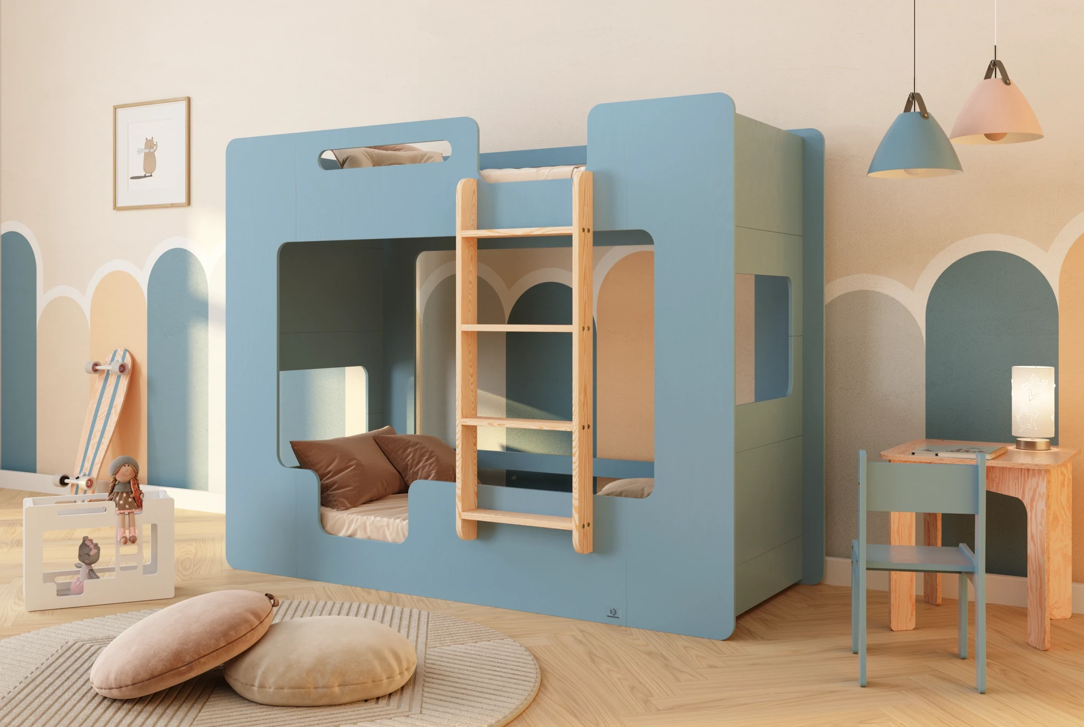 Łóżko piętrowe dla dzieci z barierkami i stelażem MIMI B Montessori Drewniane