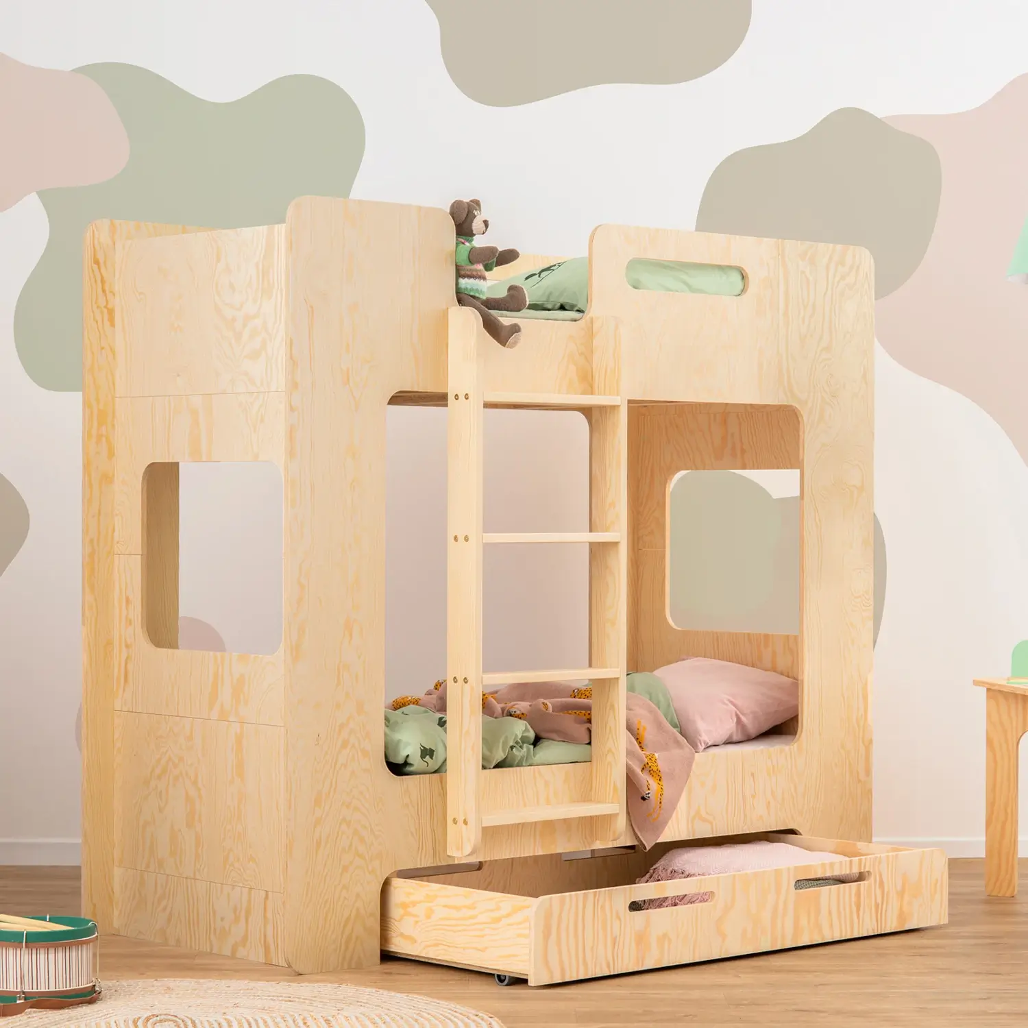Łóżko piętrowe dla dzieci z szufladą i stelażem MIMI D Montessori Drewniane