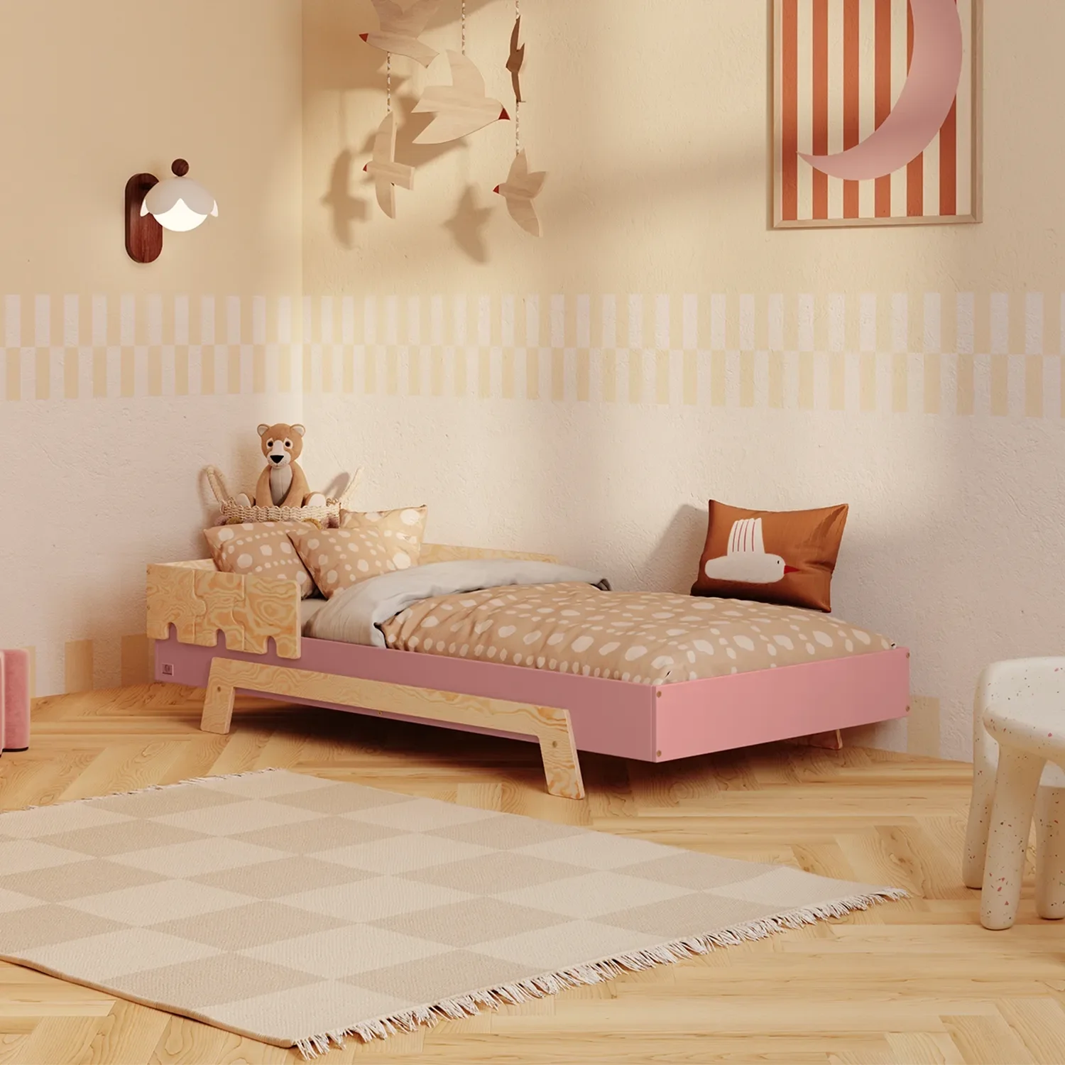 Łóżko pojedyncze dla dzieci z barierką i stelażem PUZZLE BR1 Montessori Drewniane