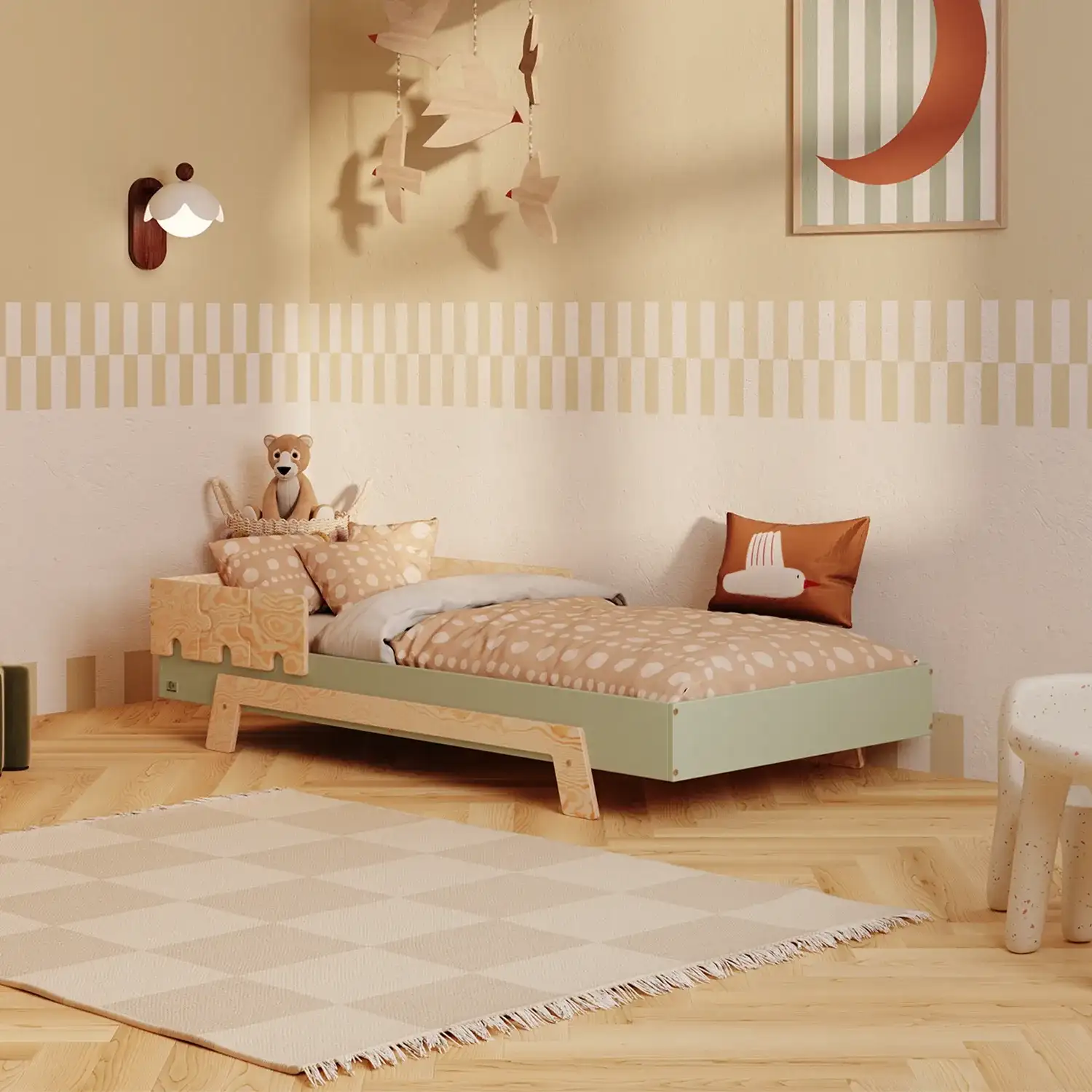 Łóżko pojedyncze dla dzieci z barierką i stelażem PUZZLE BR1 Montessori Drewniane