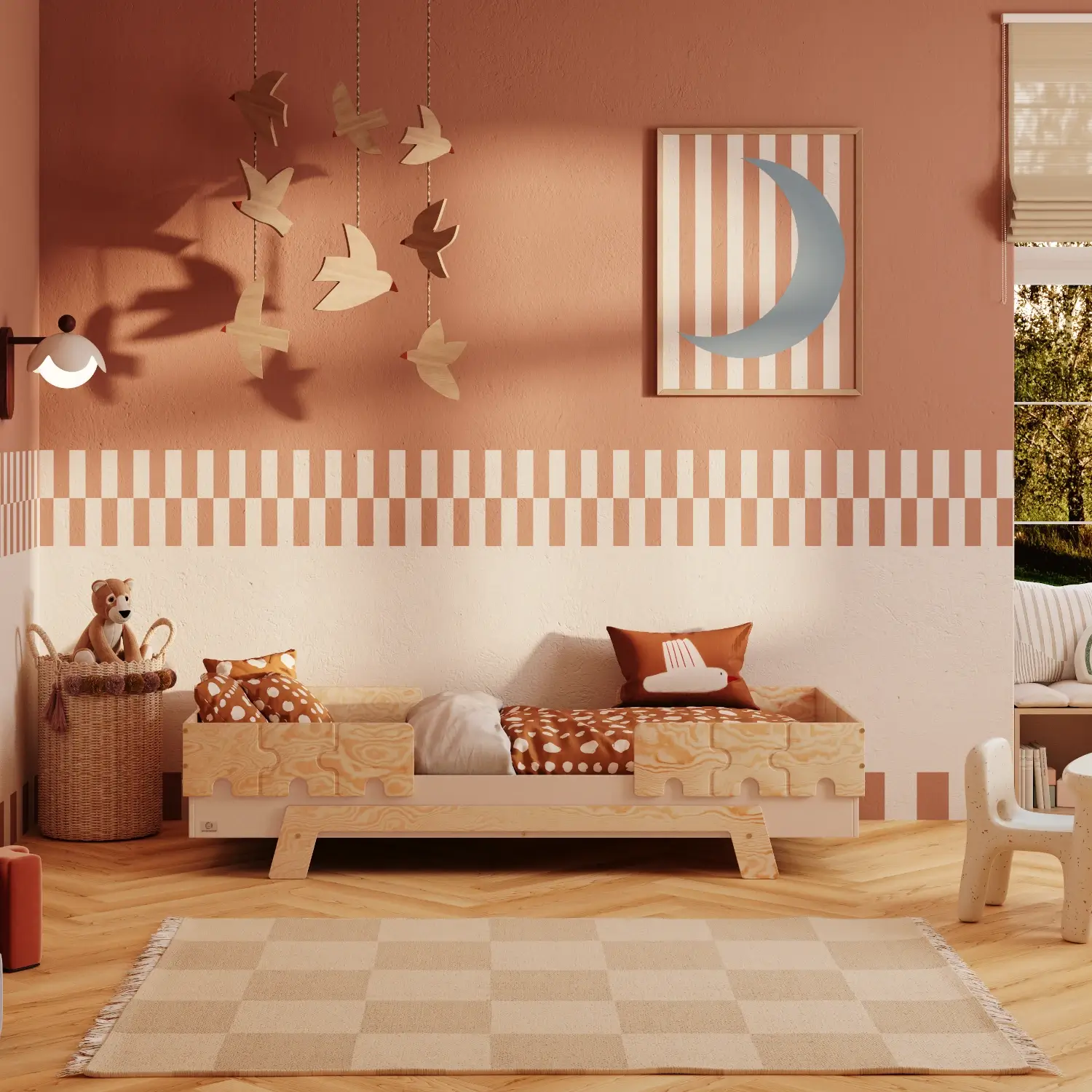 Łóżko pojedyncze dla dzieci z barierkami i stelażem PUZZLE BR2 Montessori Drewniane Kaszmirowe