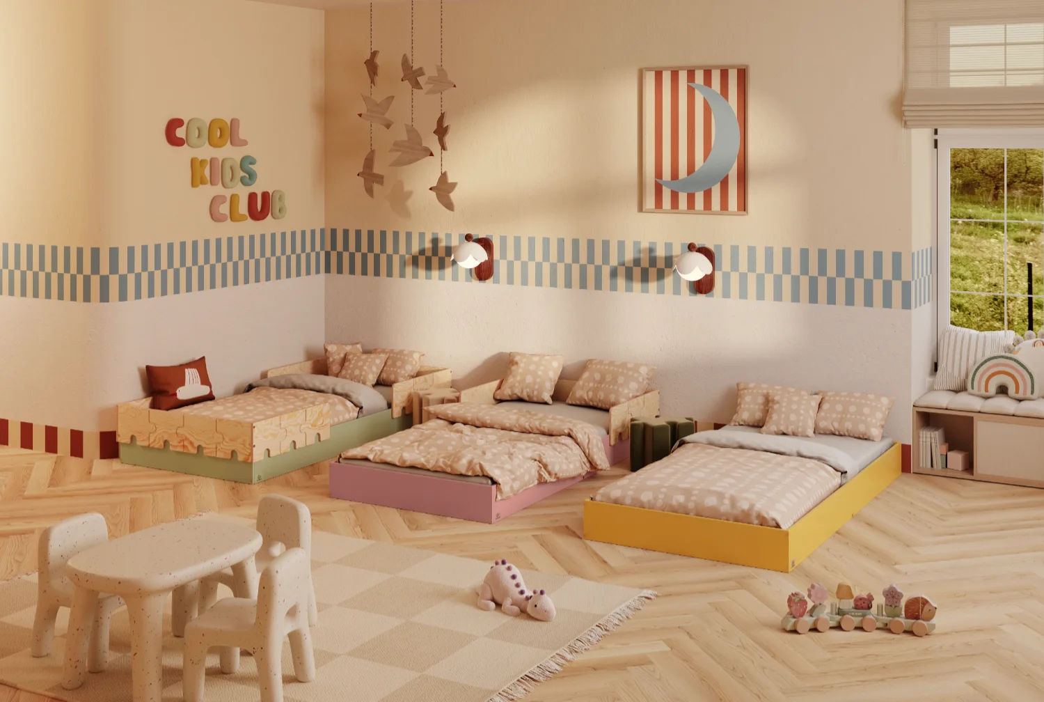 Łóżko pojedyncze dla dzieci z barierkami i stelażem PUZZLE BR2 Montessori Drewniane 6w1