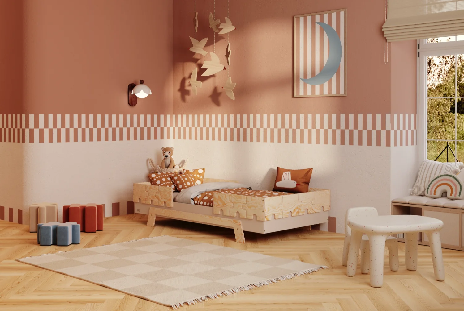 Łóżko pojedyncze dla dzieci z barierkami i stelażem PUZZLE BR2 Montessori Drewniane Kaszmirowe