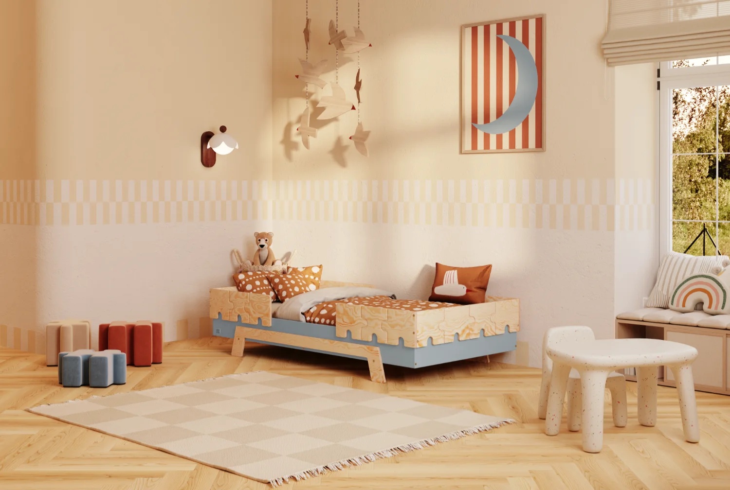 Łóżko pojedyncze dla dzieci z barierkami i stelażem PUZZLE BR2 Montessori Drewniane