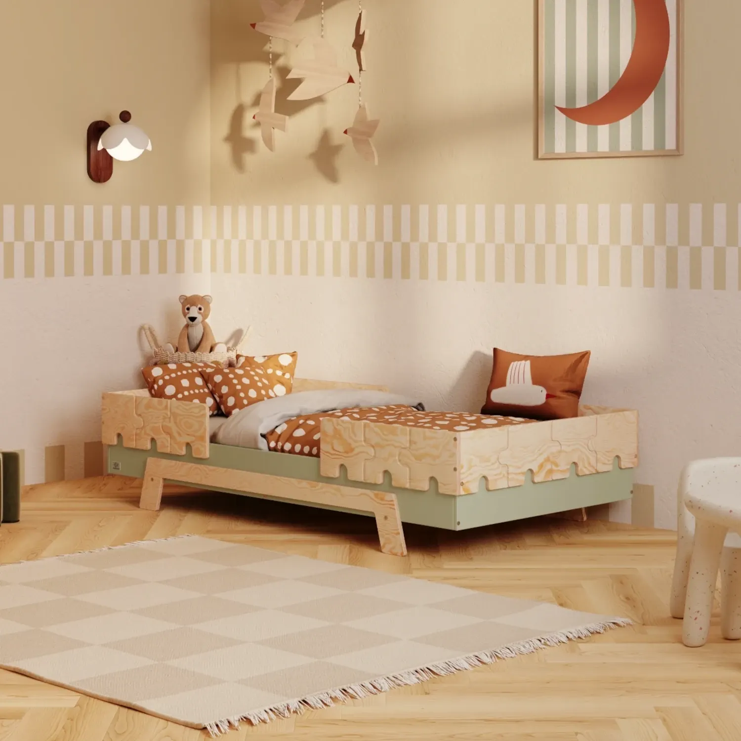 Łóżko pojedyncze dla dzieci z barierkami i stelażem PUZZLE BR2 Montessori Drewniane