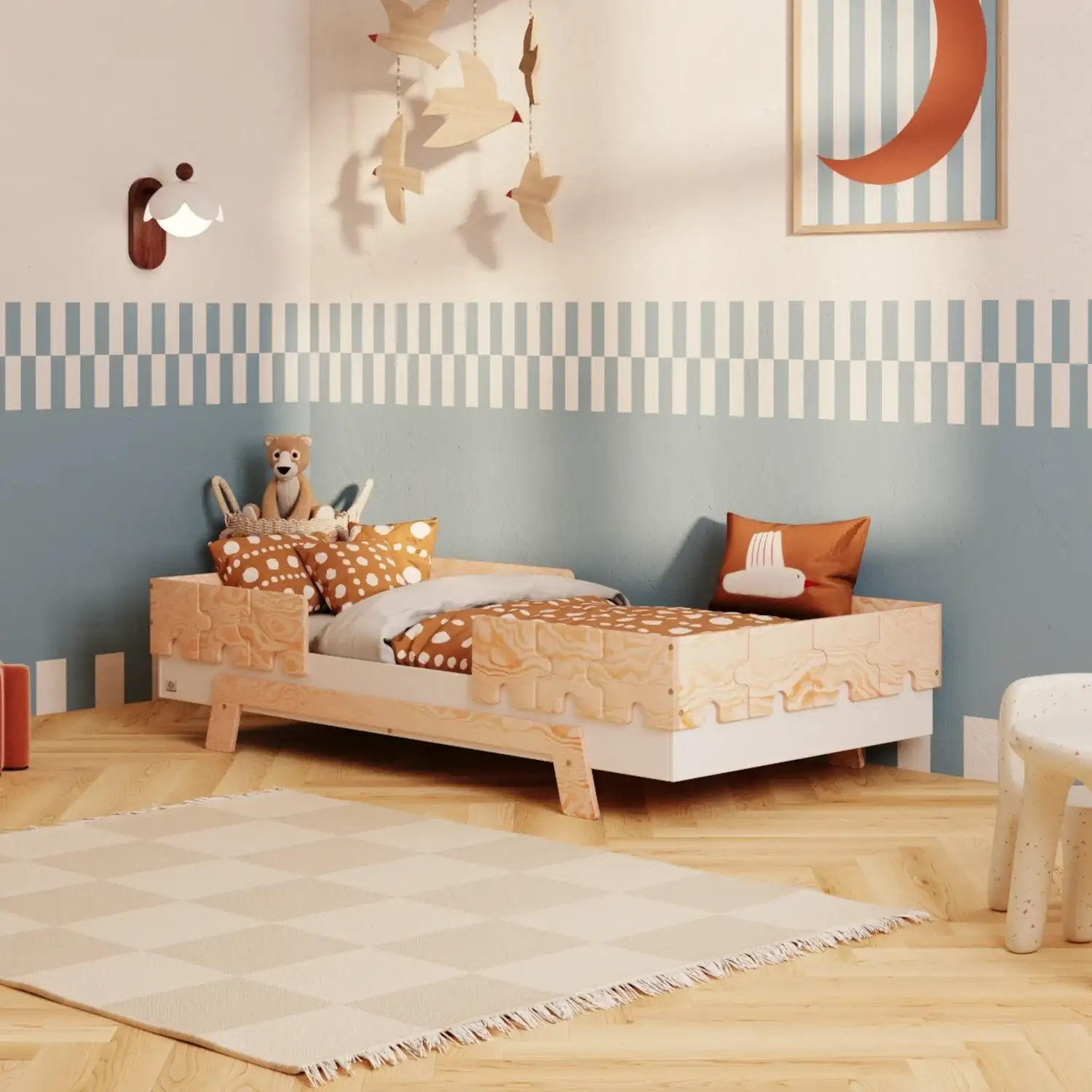 Łóżko pojedyncze dla dzieci z barierkami i stelażem PUZZLE BR2 Montessori Drewniane