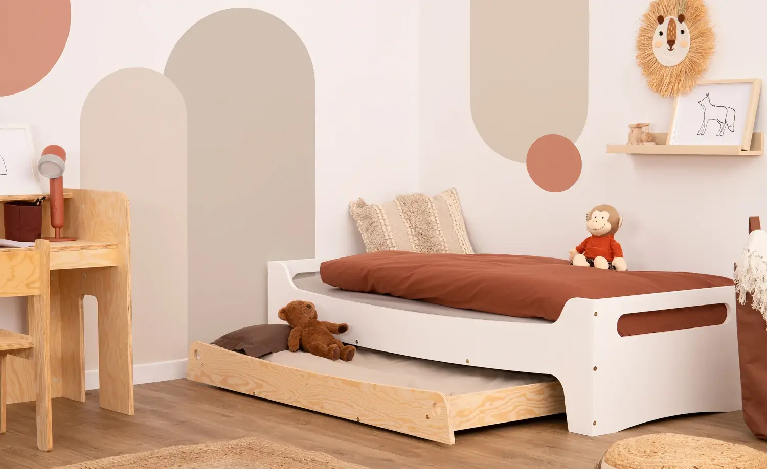 Łóżko dziecięce z szufladą i stelażem TILA 10 Montessori Drewniane Białe