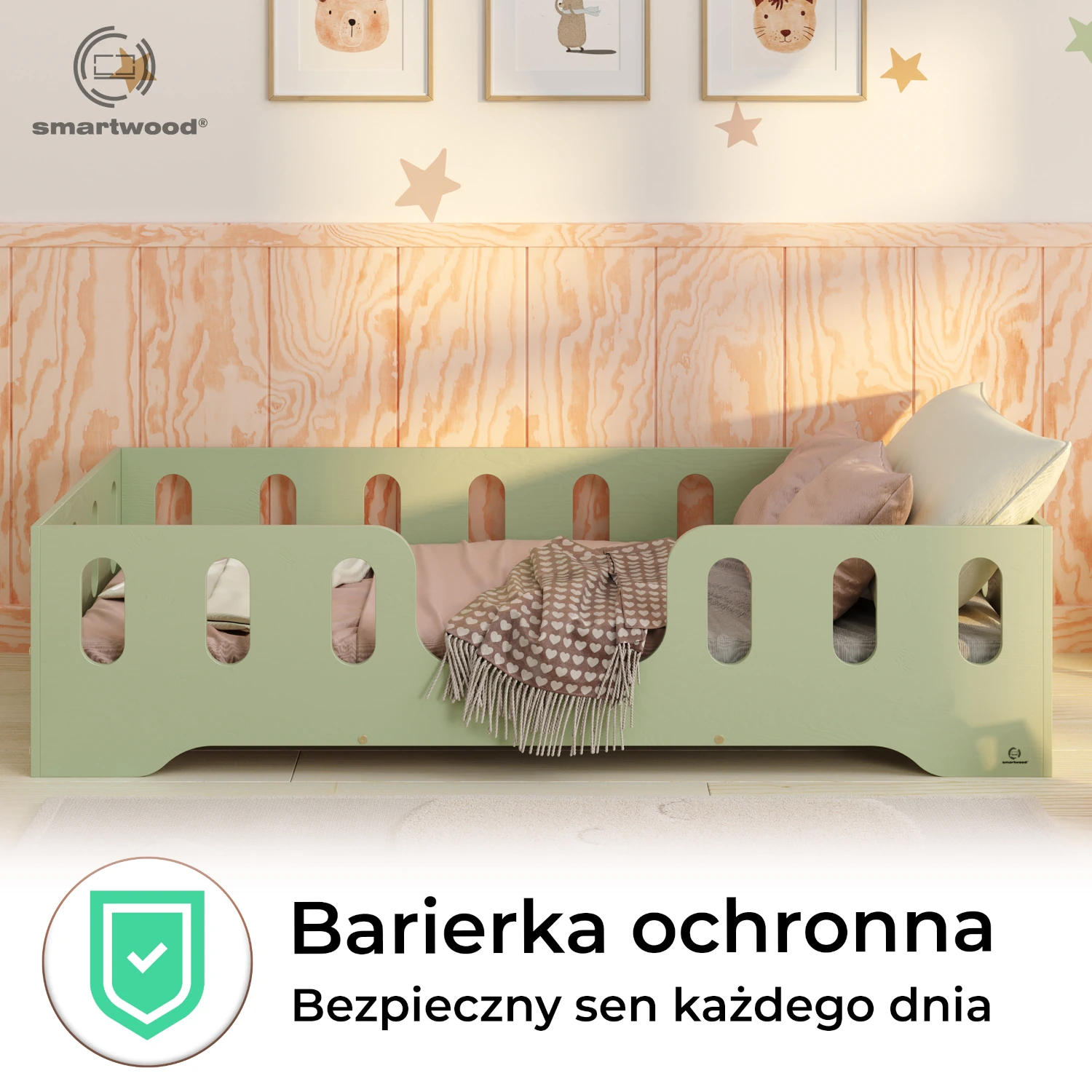 Łóżko pojedyncze dla dzieci z barierką i stelażem TILA 2 Montessori Drewniane Zielone