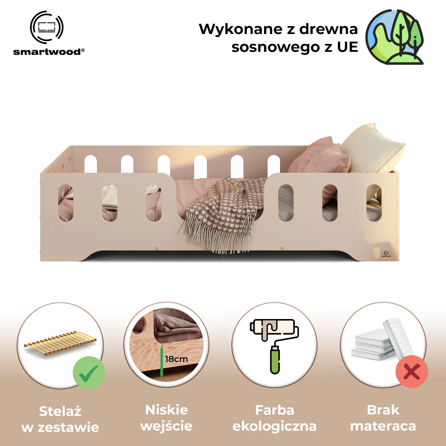 Łóżko pojedyncze dla dzieci z barierką i stelażem TILA 2 Montessori Drewniane Kaszmirowe