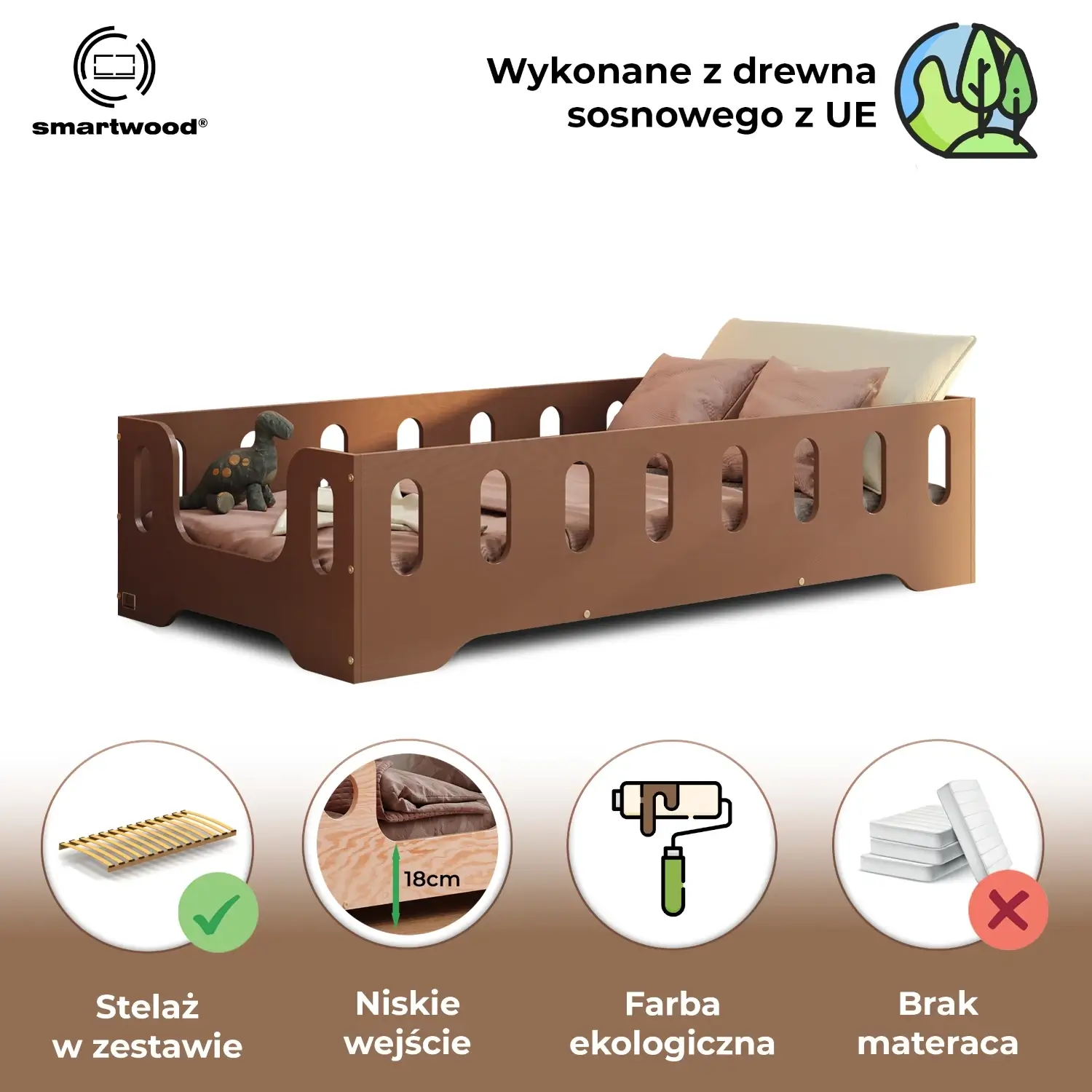 Łóżko pojedyncze dla dzieci z barierką i stelażem TILA 2 Montessori Drewniane Czekoladowe