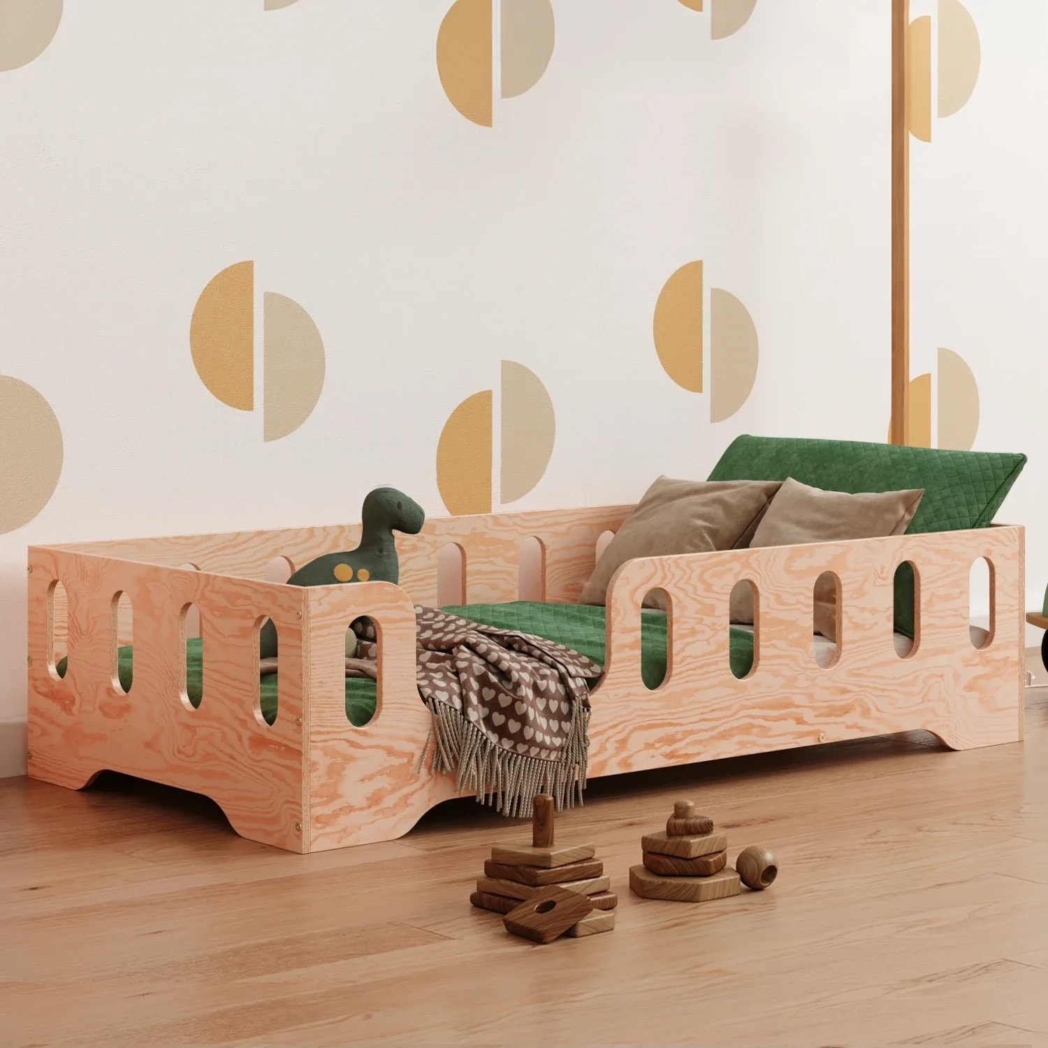 Łóżko pojedyncze dla dzieci z barierką i stelażem TILA 2 Montessori Drewniane