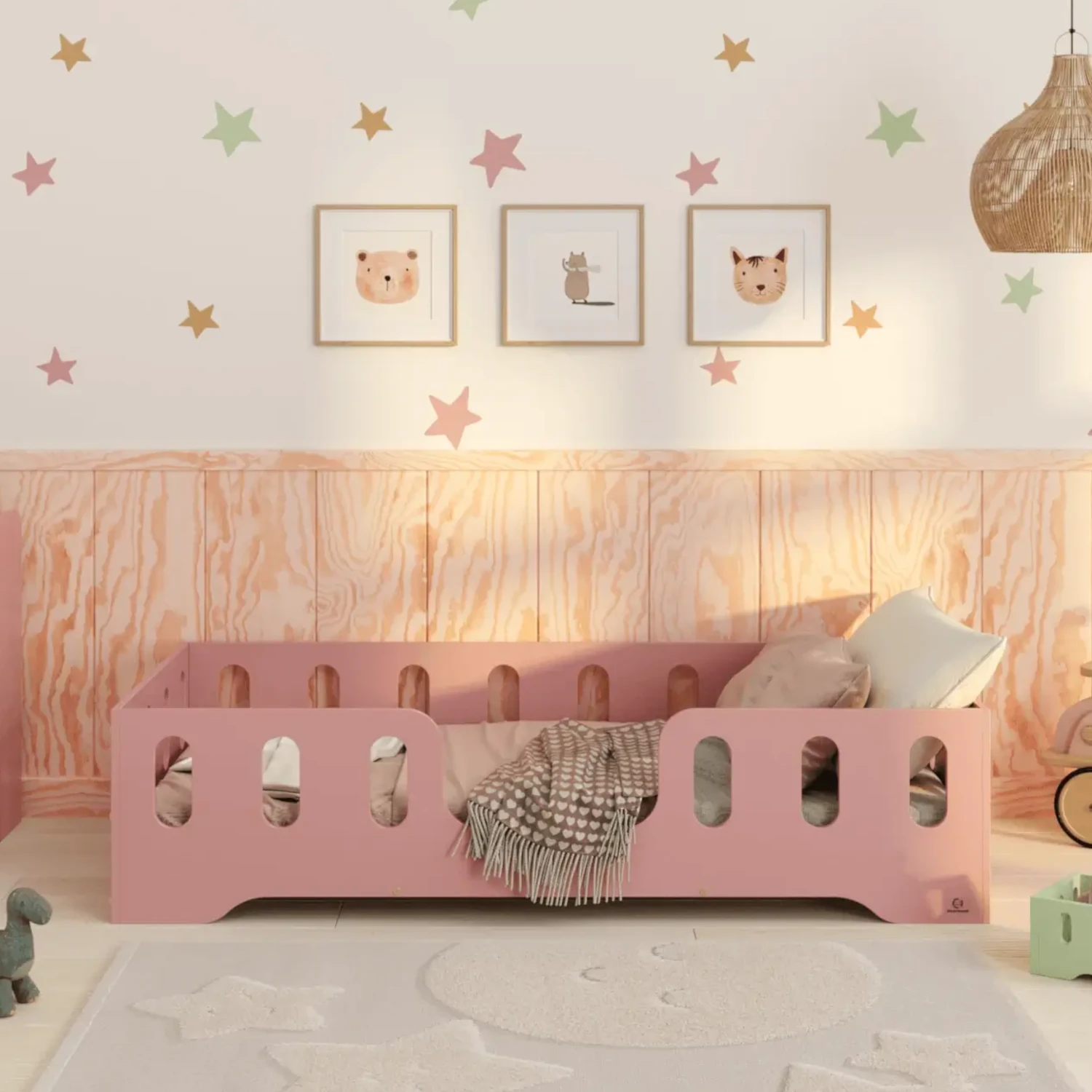 Łóżko pojedyncze dla dzieci z barierką i stelażem TILA 2 Montessori Drewniane