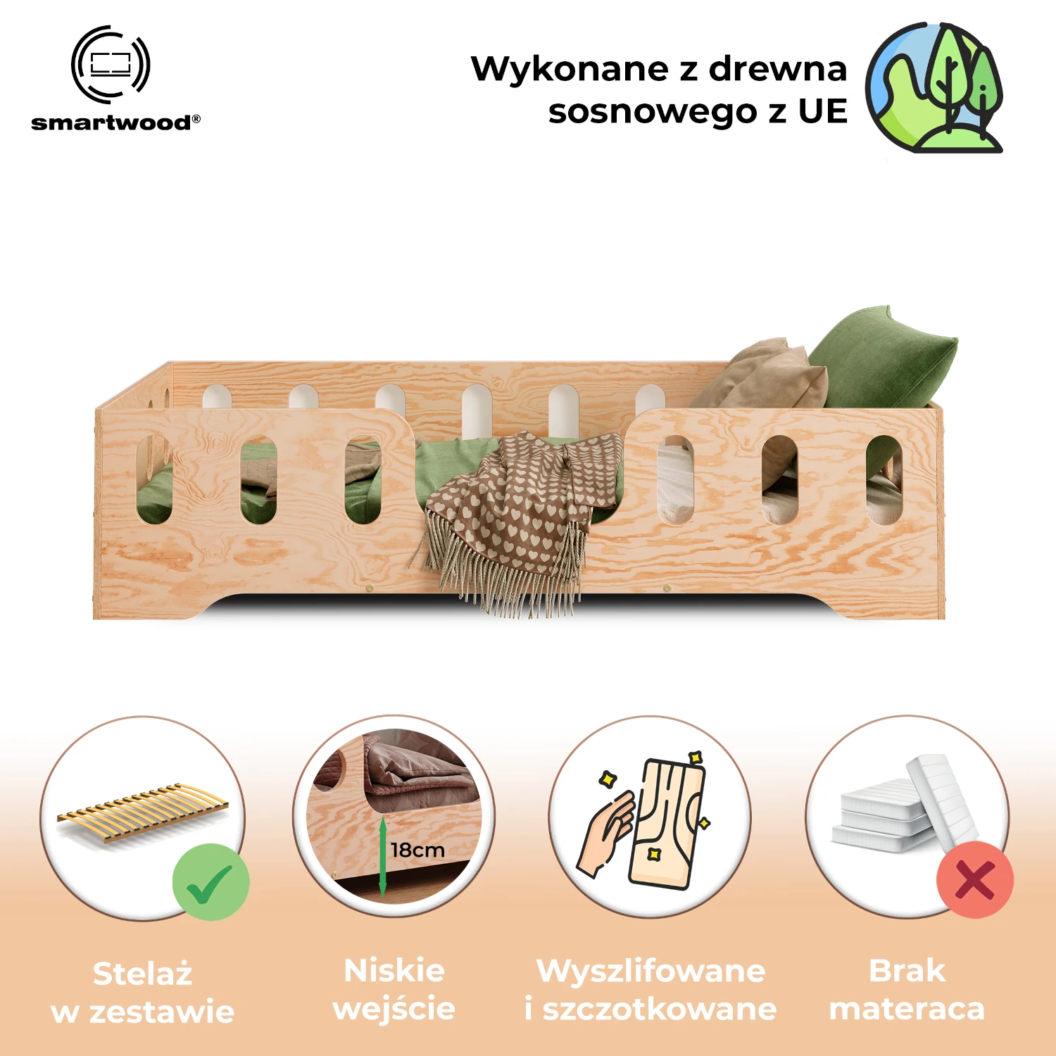 Łóżko pojedyncze dla dzieci z barierką i stelażem TILA 2 Montessori Drewniane
