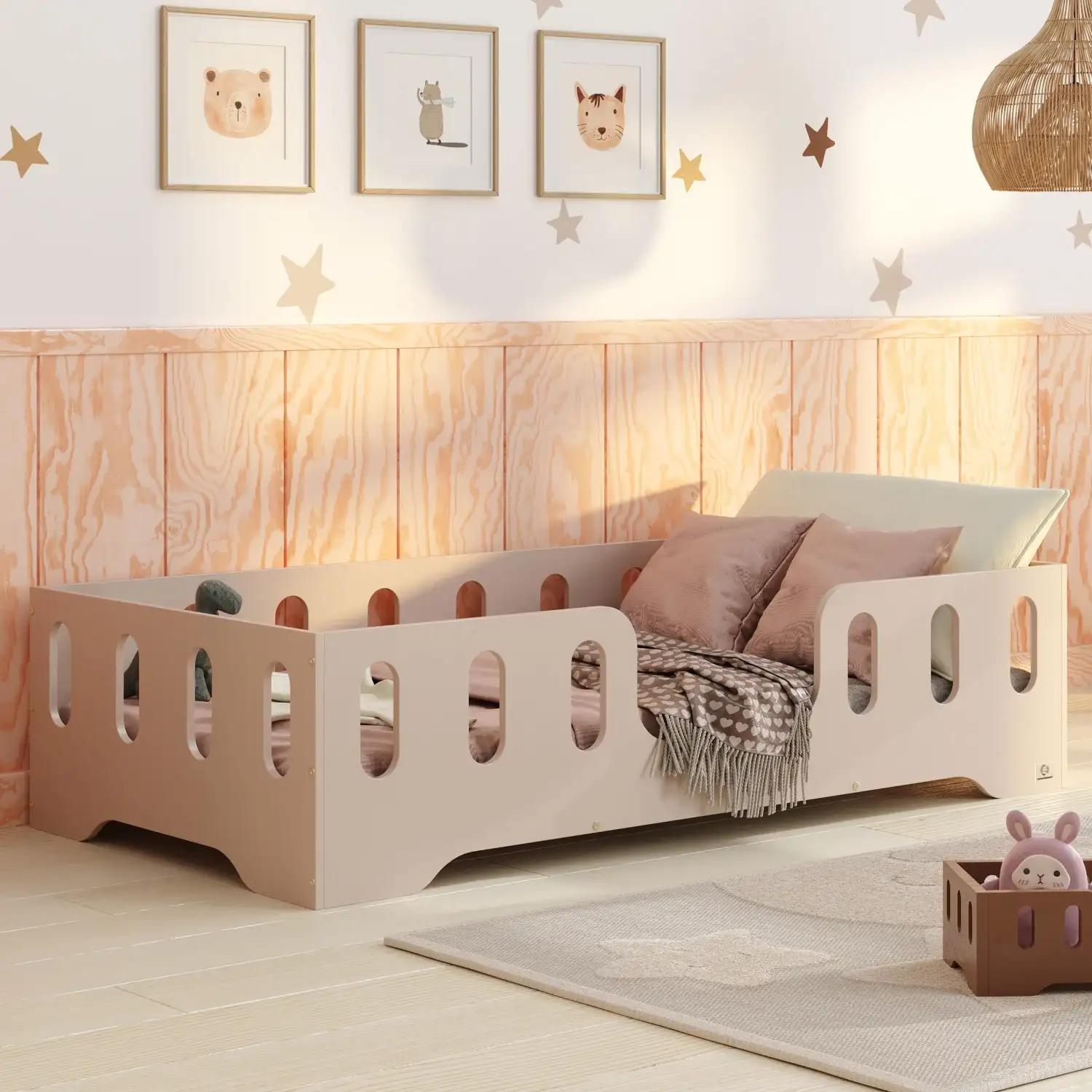Łóżko pojedyncze dla dzieci z barierką i stelażem TILA 2 Montessori Drewniane
