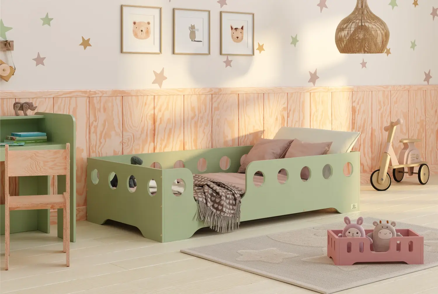 Łóżko pojedyncze dla dzieci z barierką i stelażem TILA 4 Montessori Drewniane