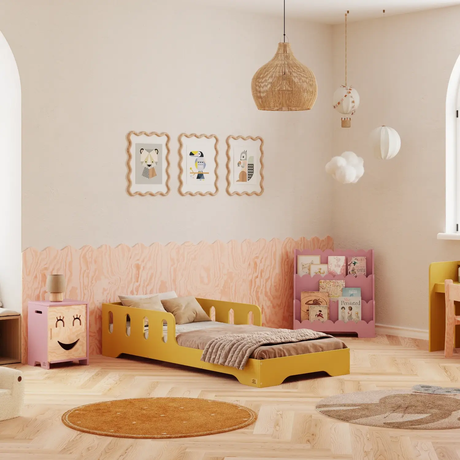 Łóżko pojedyncze dla dzieci z barierką i stelażem TILA 6 Montessori Drewniane