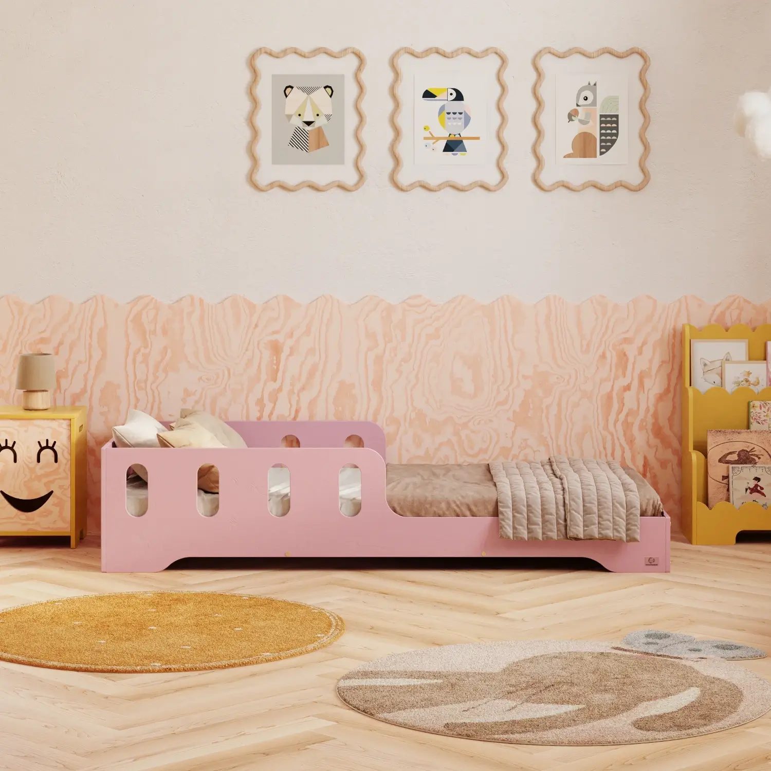 Łóżko pojedyncze dla dzieci z barierką i stelażem TILA 6 Montessori Drewniane Różowe